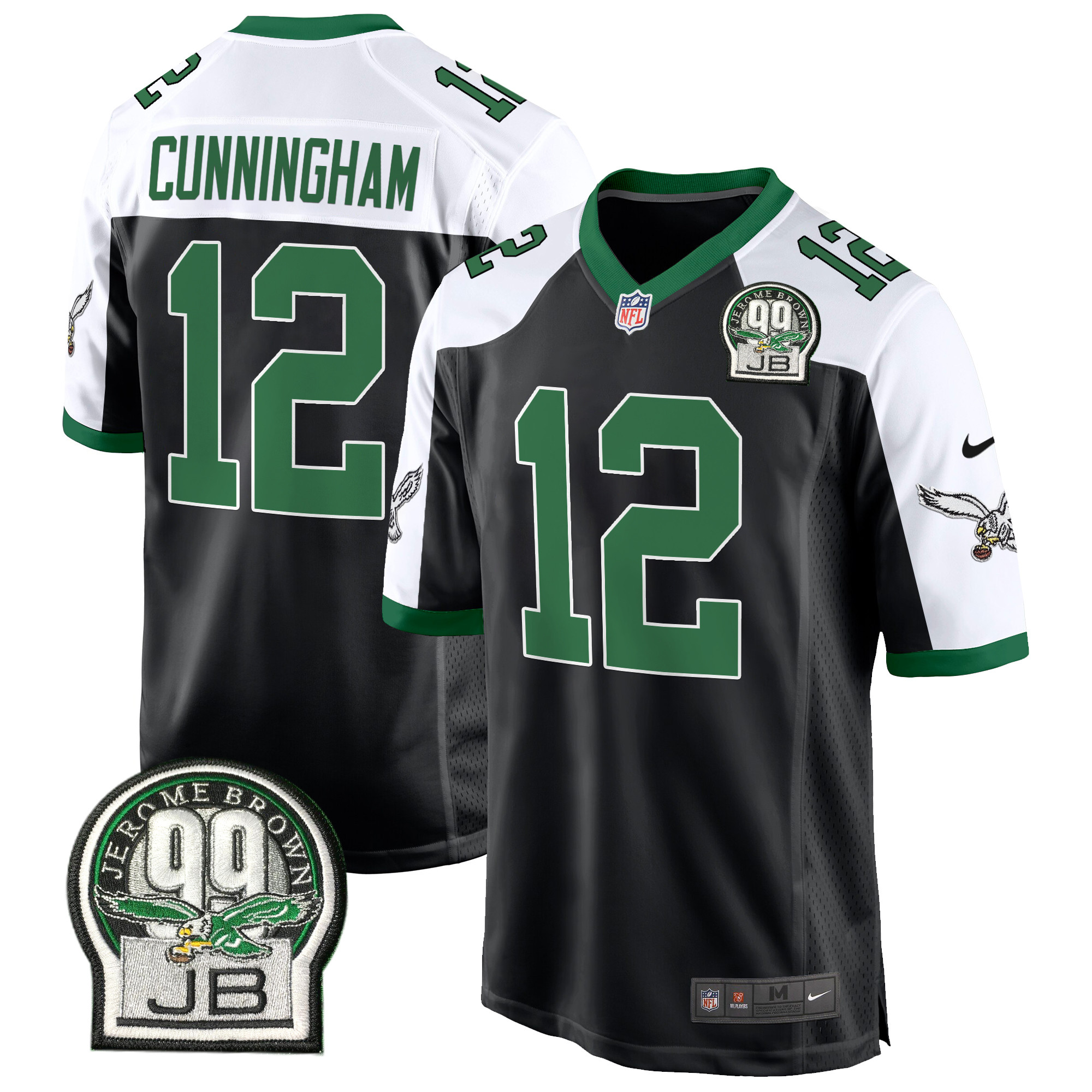 Randall Cunningham Men's Philadelphia Eagles Jerome Brown Patch Kelly Green Game Black Alternate Jersey - All Stitched