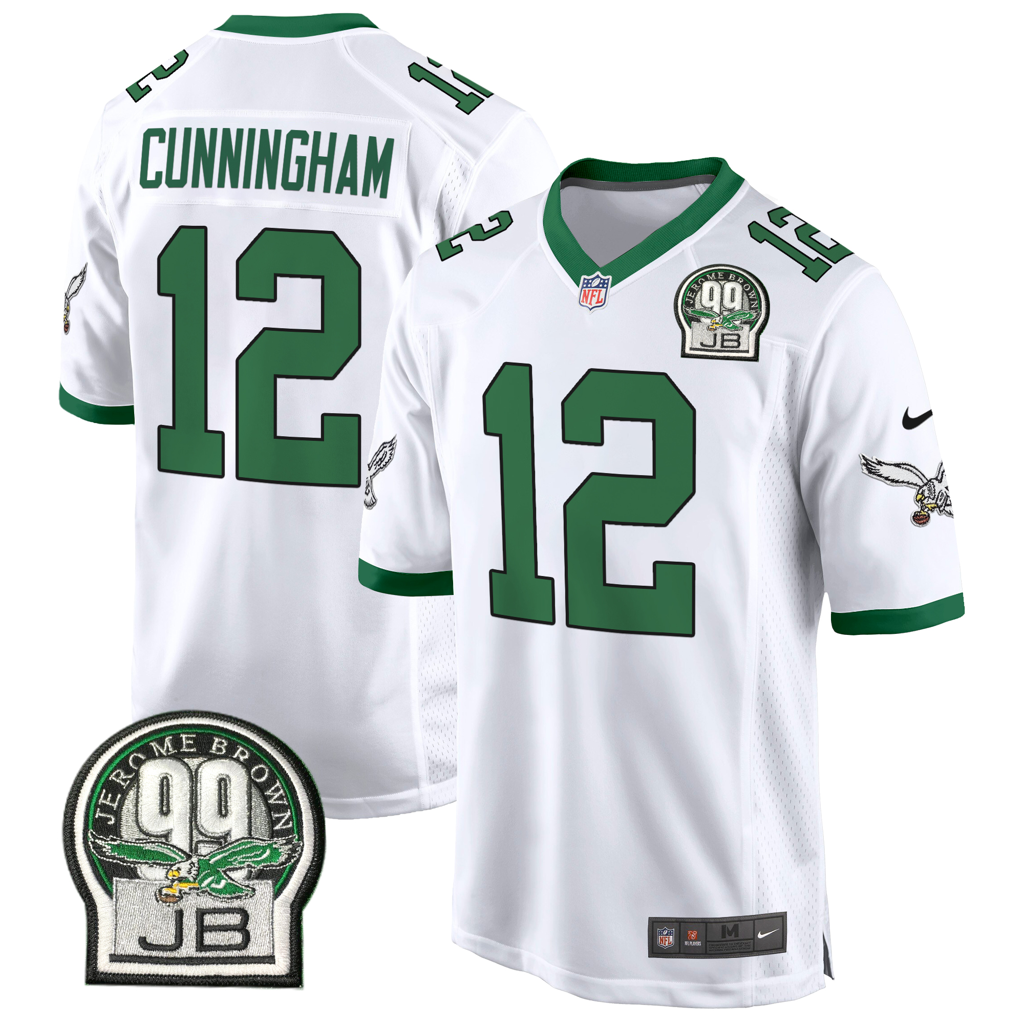 Randall Cunningham Men's Philadelphia Eagles Jerome Brown Patch Kelly Green Game Kelly White Jersey - All Stitched