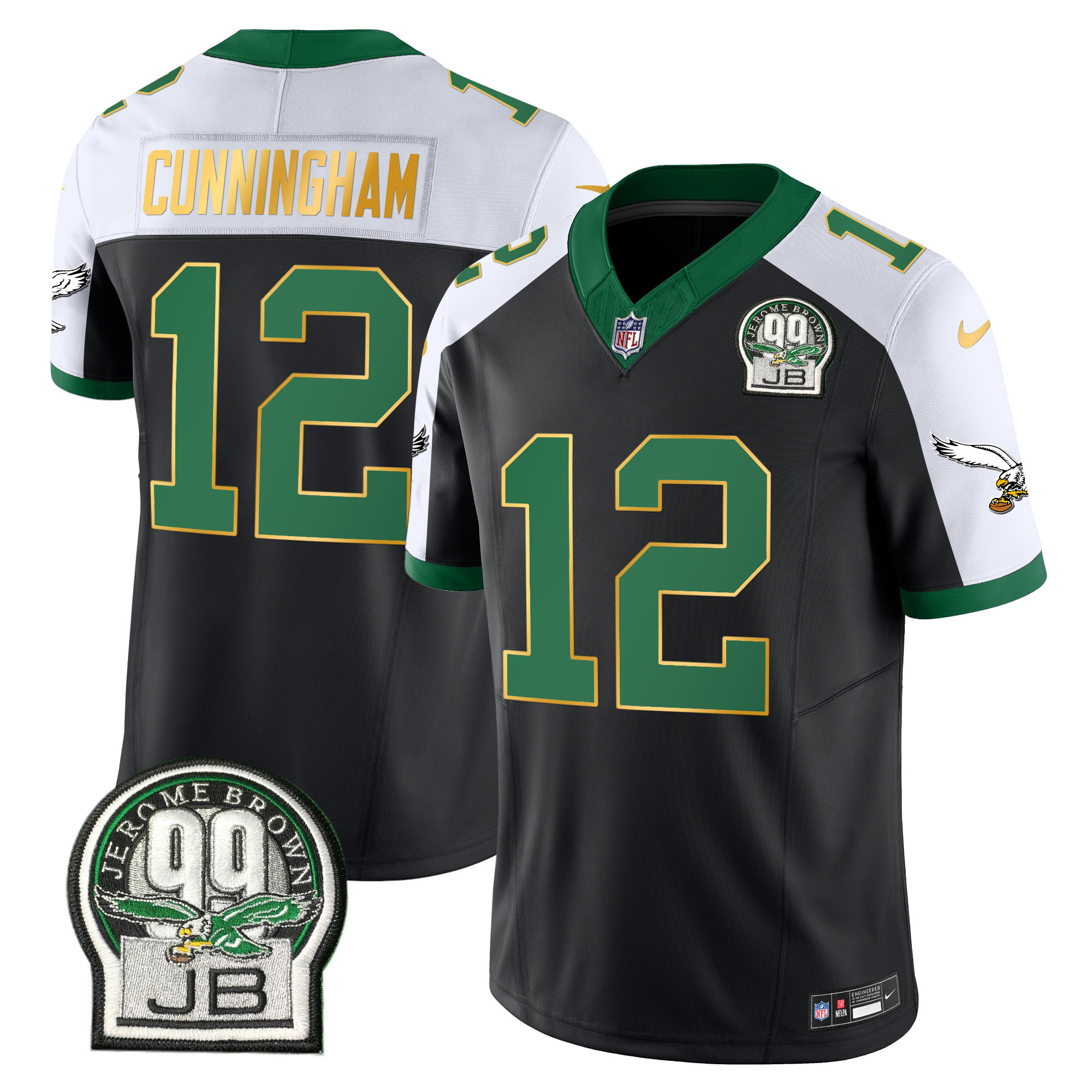 Randall Cunningham Men's Philadelphia Eagles Jerome Brown Patch Kelly Green Gold Trim Black Alternate Jersey - All Stitched