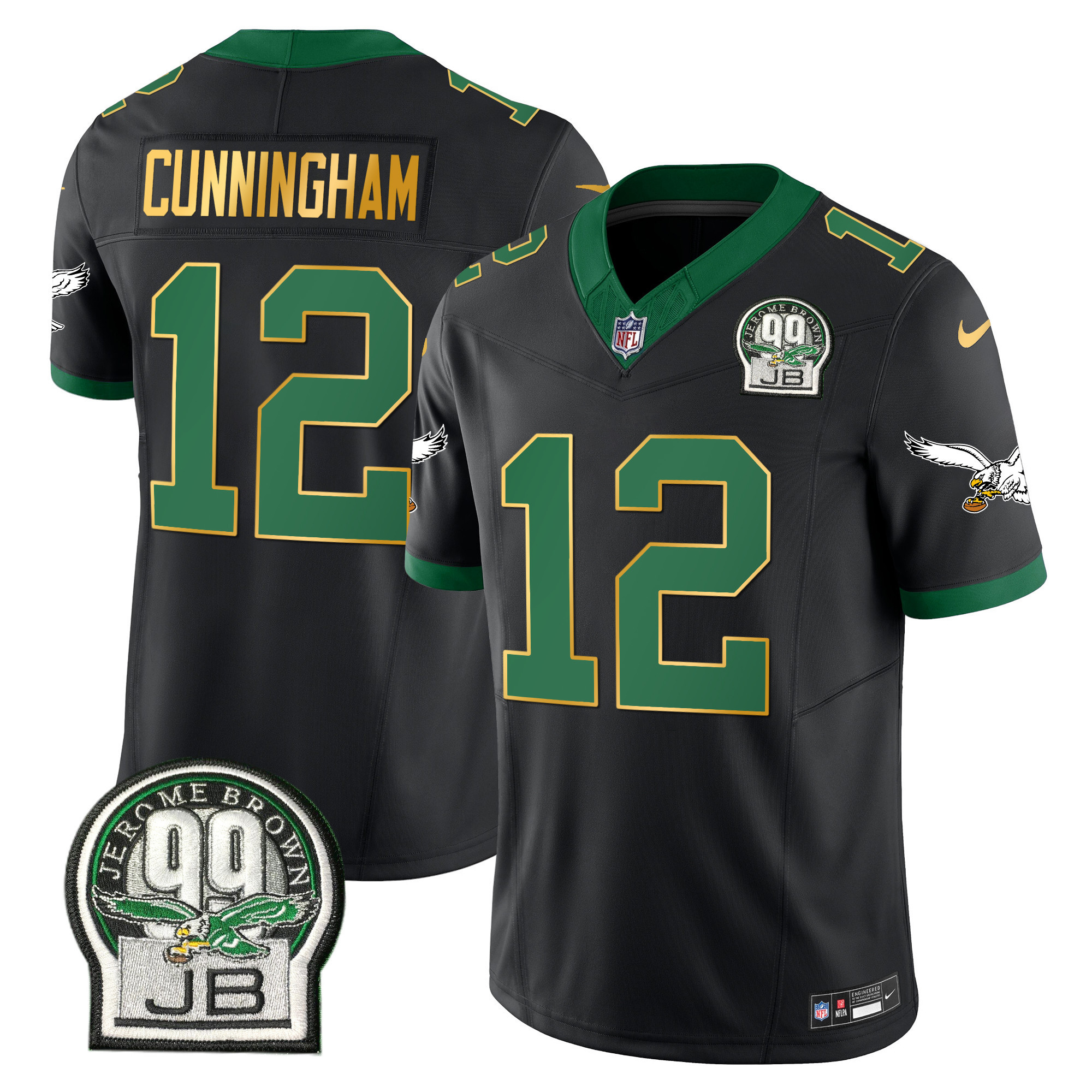 Randall Cunningham Men's Philadelphia Eagles Jerome Brown Patch Kelly Green Gold Trim Black Jersey - All Stitched