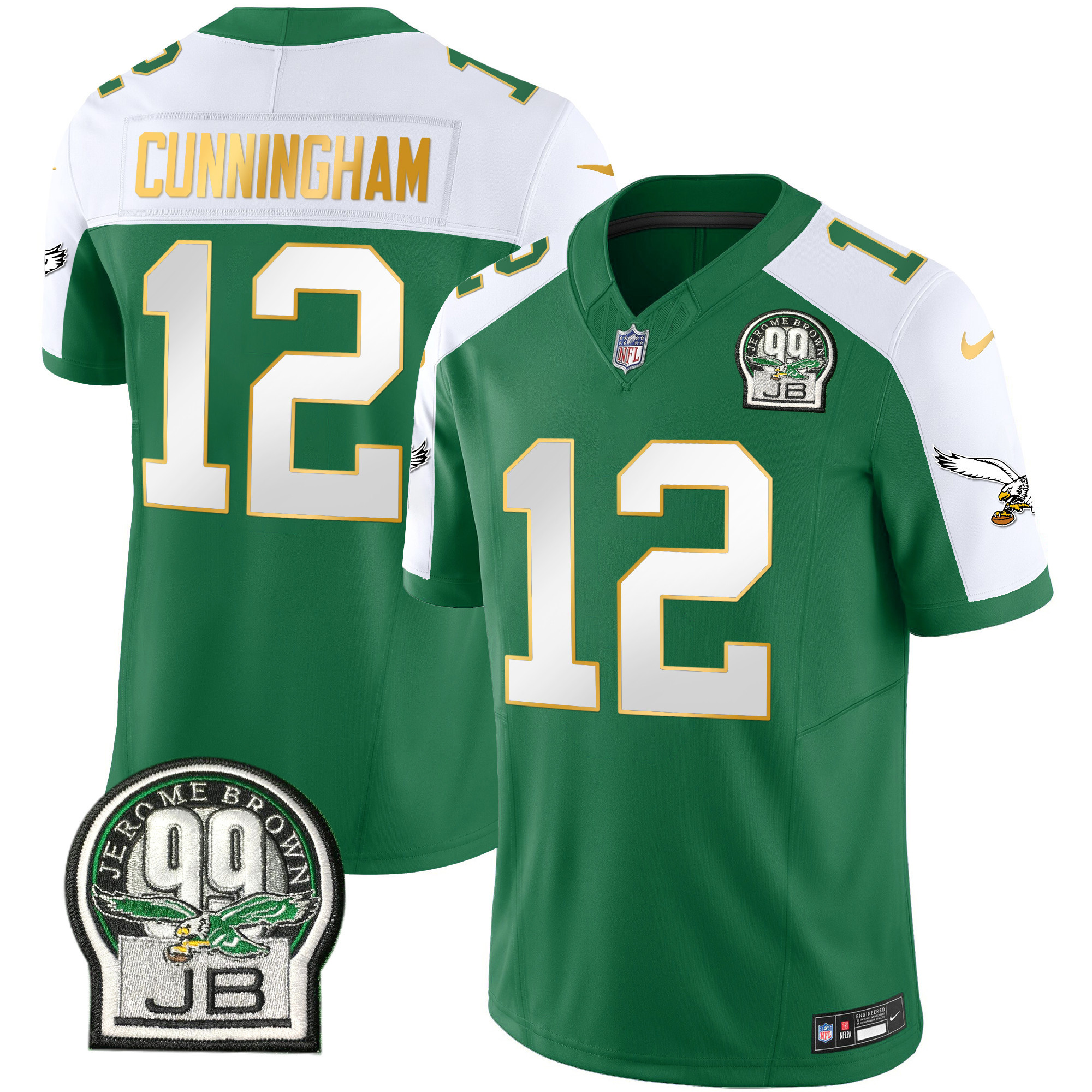 Randall Cunningham Men's Philadelphia Eagles Jerome Brown Patch Kelly Green Gold Trim Kelly Alternate Jersey - All Stitched
