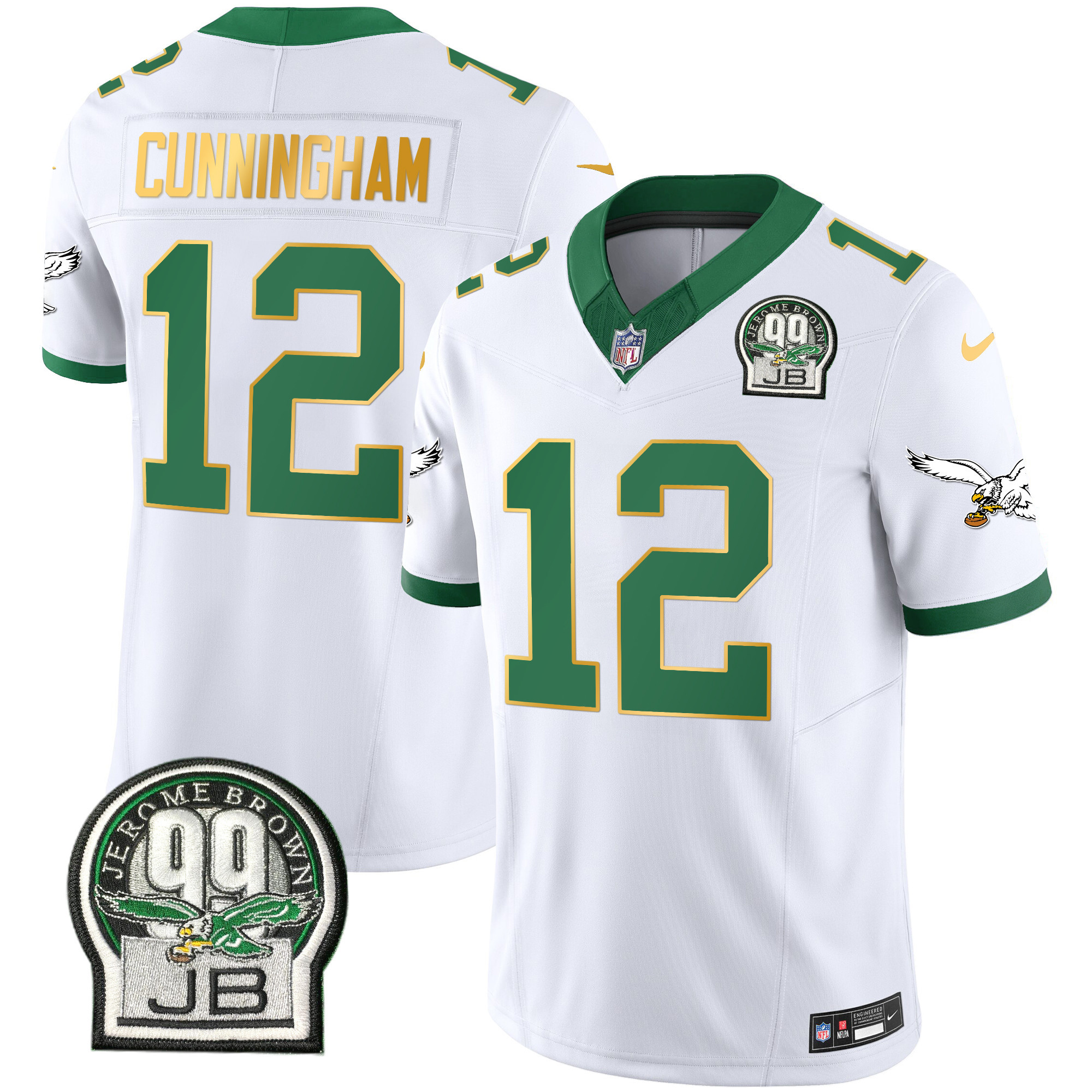 Randall Cunningham Men's Philadelphia Eagles Jerome Brown Patch Kelly Green Gold Trim Kelly White Jersey - All Stitched