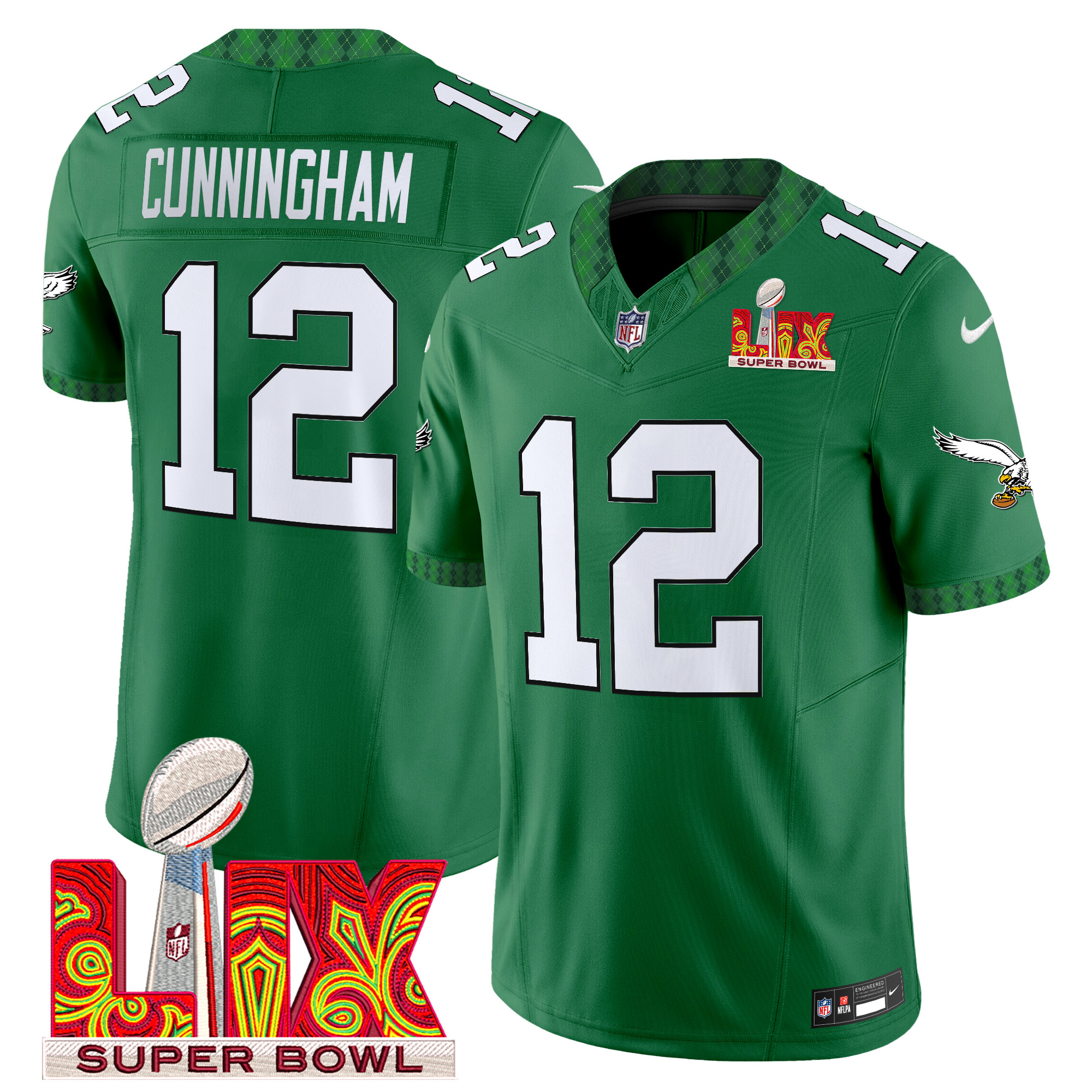 Randall Cunningham Men's Philadelphia Eagles Kelly Green St. Patrick's Day Super Bowl LIX Patch Vapor Limited Kelly Green Jersey - All Stitched