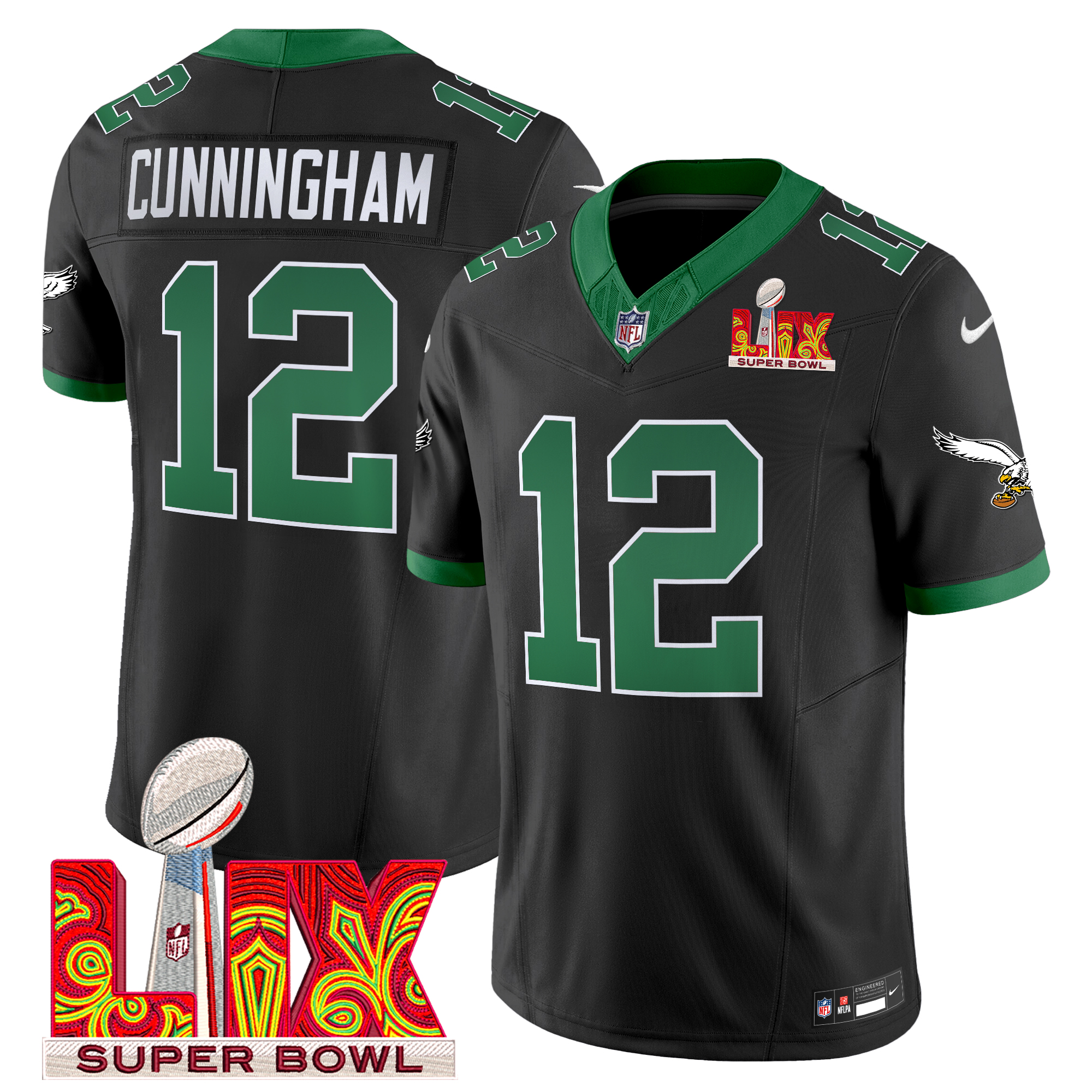 Randall Cunningham Men's Philadelphia Eagles Kelly Green Super Bowl LIX Patch Vapor Limited Black Jersey - All Stitched