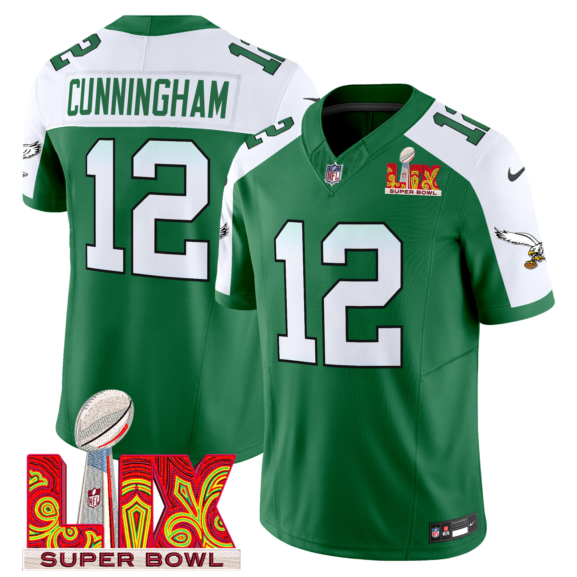 Randall Cunningham Men's Philadelphia Eagles Kelly Green Super Bowl LIX Patch Vapor Limited Kelly Alternate Jersey - All Stitched