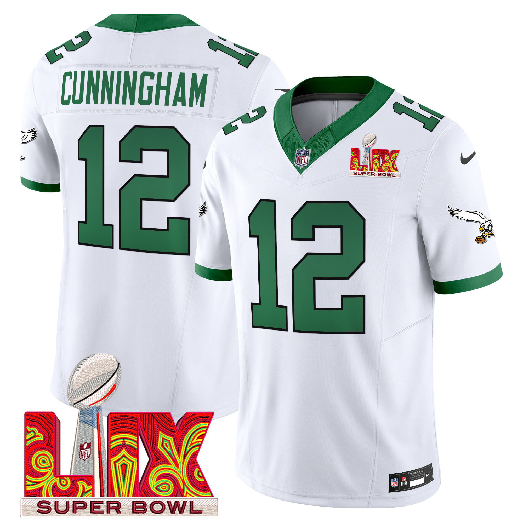 Randall Cunningham Men's Philadelphia Eagles Kelly Green Super Bowl LIX Patch Vapor Limited Kelly White Jersey - All Stitched