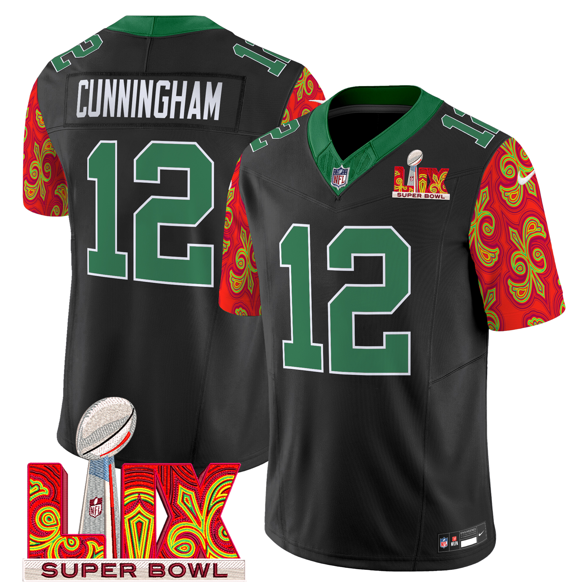 Randall Cunningham Men's Philadelphia Eagles Kelly Green Super Bowl LIX Style Vapor Limited Black Jersey - All Stitched
