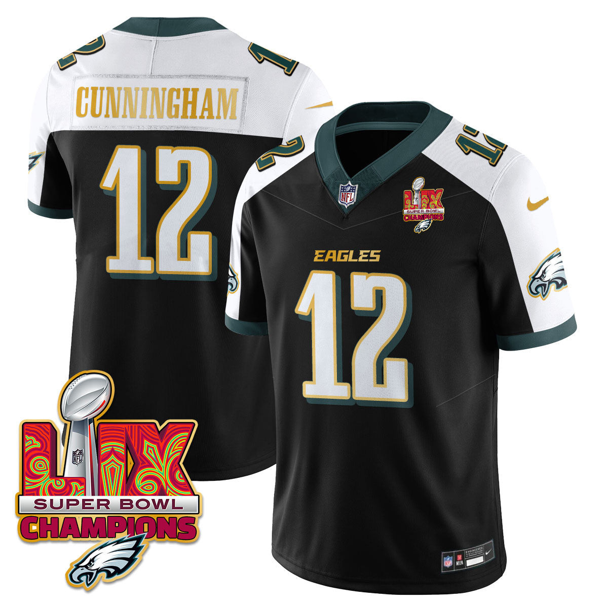 Randall Cunningham Men's Philadelphia Eagles Super Bowl LIX Champions Gold Trim Vapor Limited Black Alternate Jersey - All Stitched