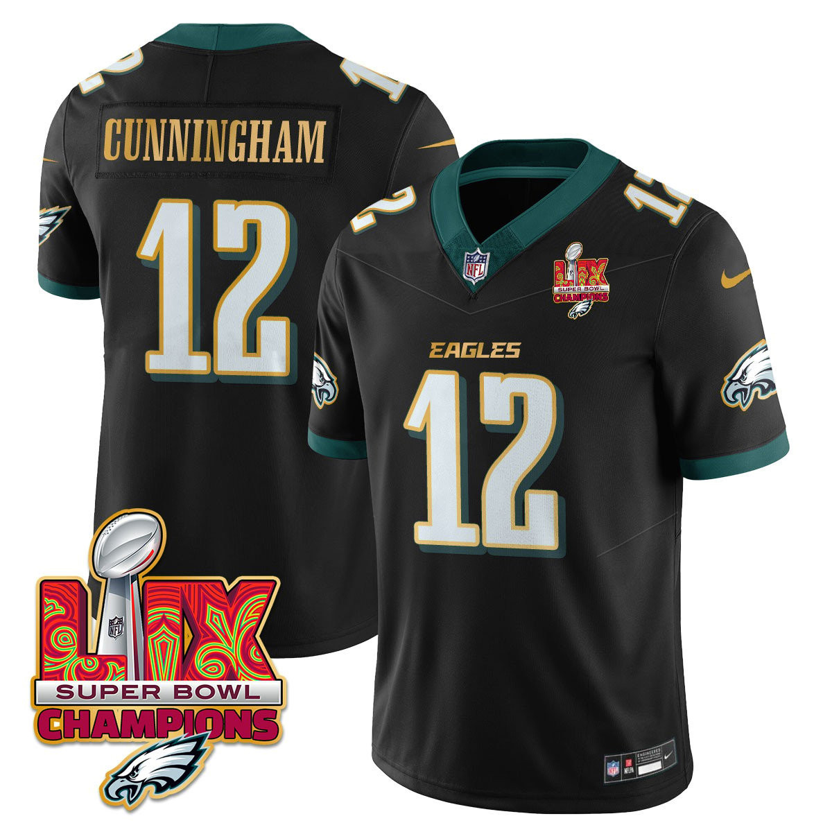 Randall Cunningham Men's Philadelphia Eagles Super Bowl LIX Champions Gold Trim Vapor Limited Black Jersey - All Stitched