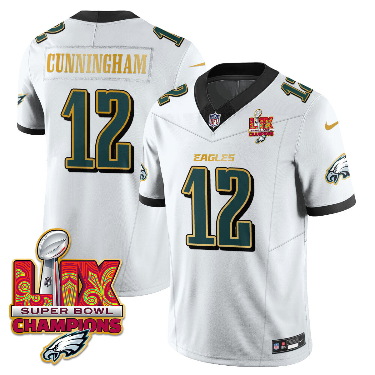 Randall Cunningham Men's Philadelphia Eagles Super Bowl LIX Champions Gold Trim Vapor Limited White Jersey - All Stitched