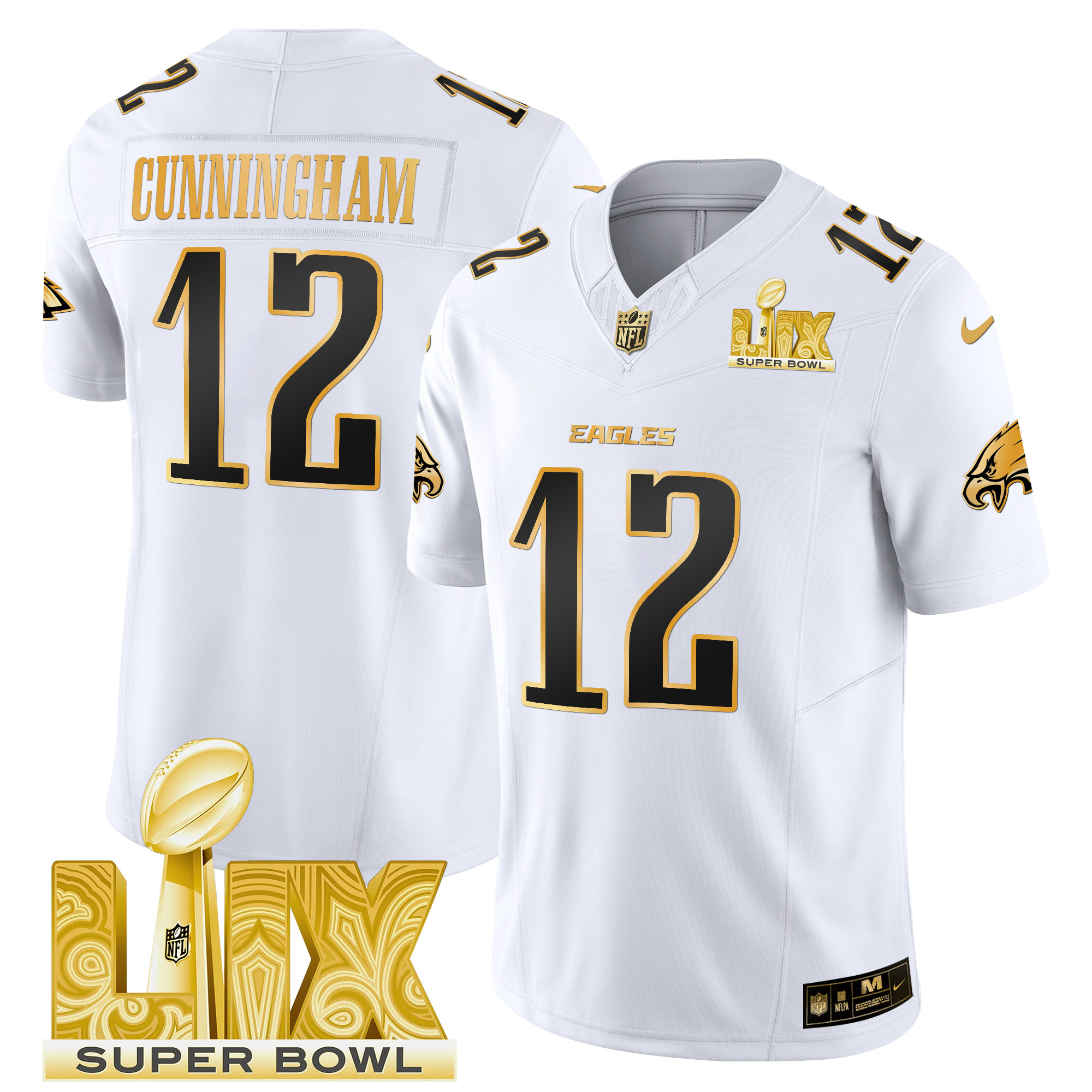Randall Cunningham Men's Philadelphia Eagles Super Bowl LIX Patch Gold Vapor Limited White Gold Jersey - All Stitched