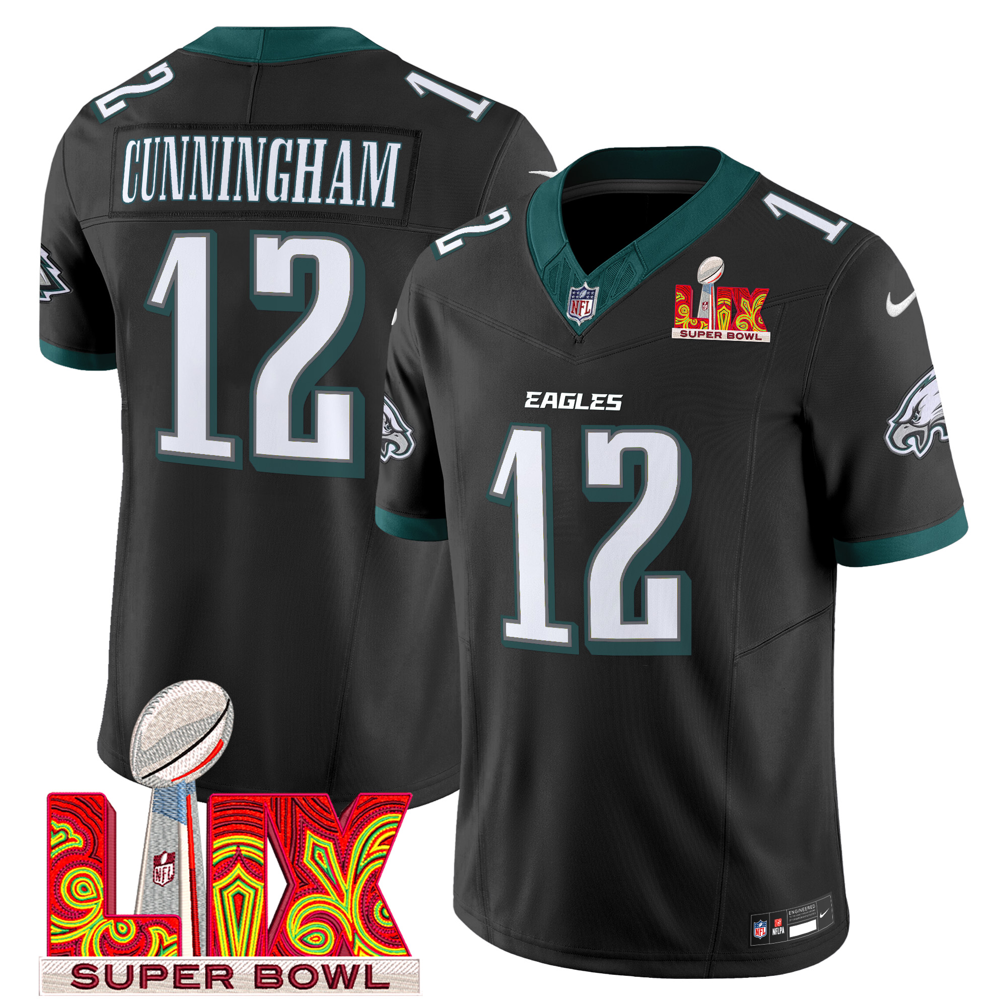 Randall Cunningham Men's Philadelphia Eagles Super Bowl LIX Patch Vapor Limited Black Jersey - All Stitched