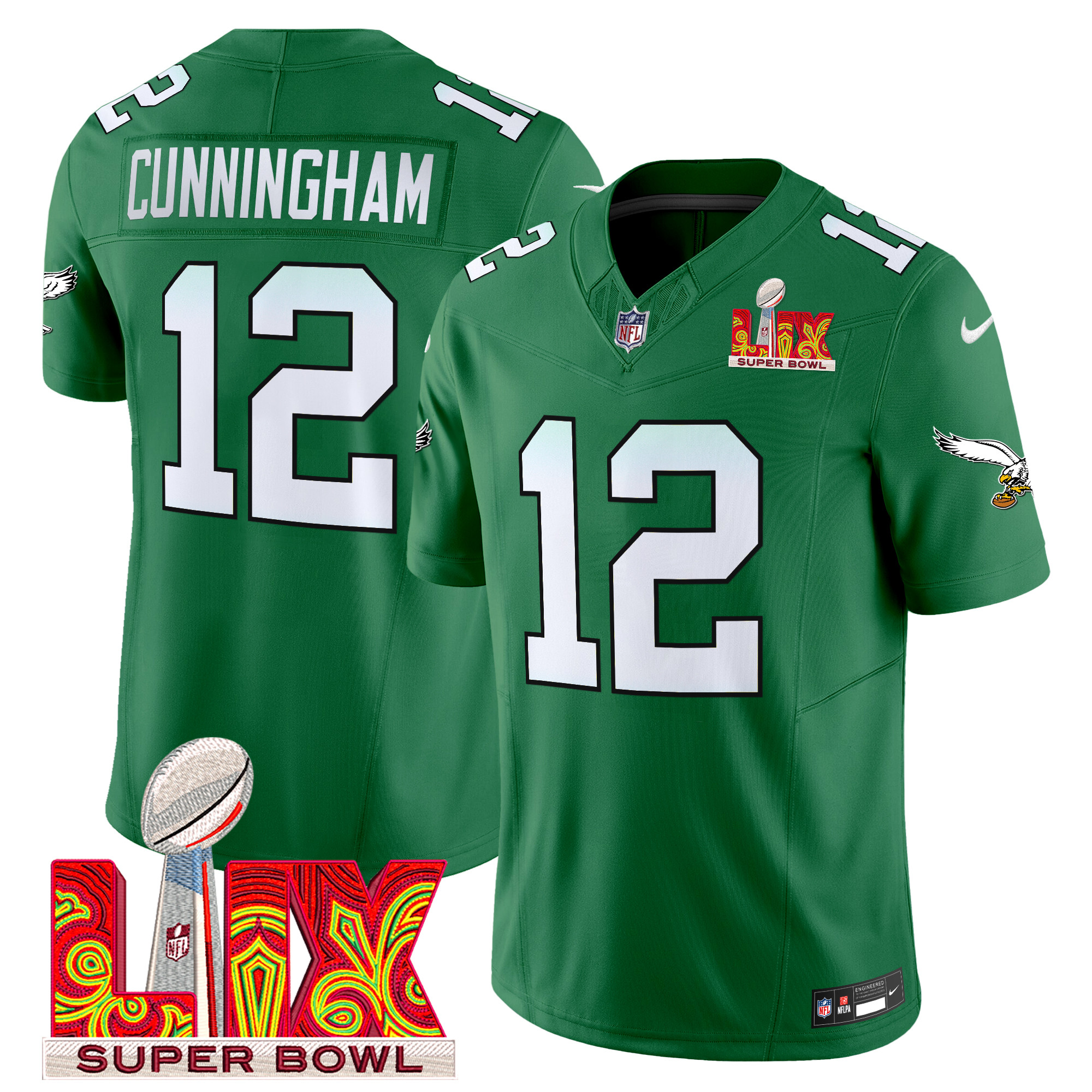 Randall Cunningham Men's Philadelphia Eagles Super Bowl LIX Patch Vapor Limited Kelly Green Jersey - All Stitched
