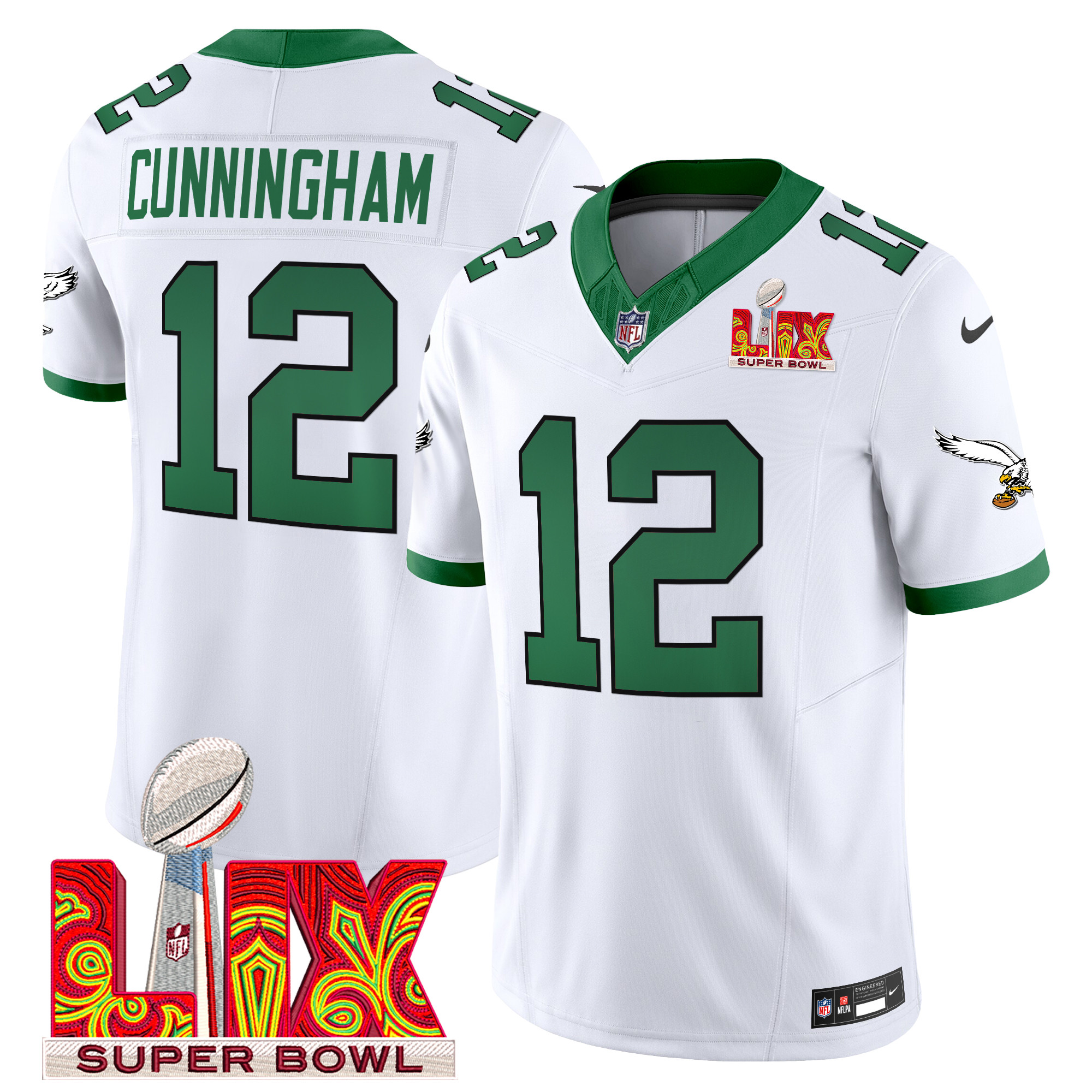 Randall Cunningham Men's Philadelphia Eagles Super Bowl LIX Patch Vapor Limited Kelly White Jersey - All Stitched