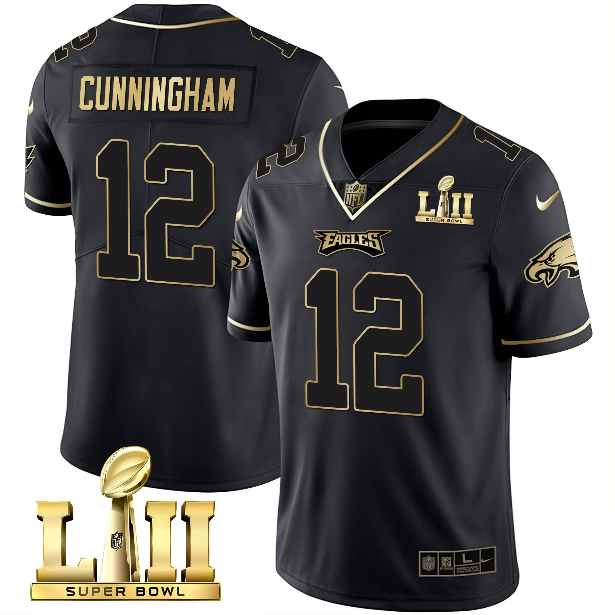 Randall Cunningham Philadelphia Eagles Super Bowl LII Patch Vapor Black Gold Jersey - All Stitched