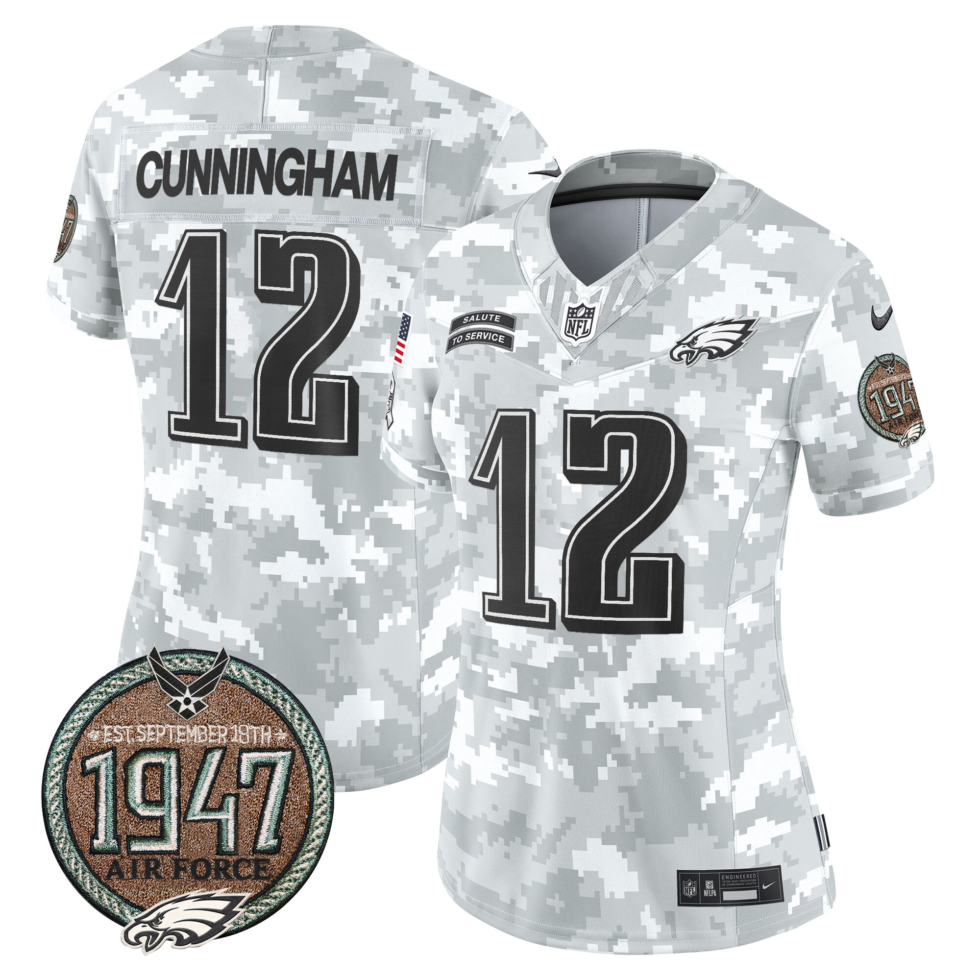 Randall Cunningham Women's Philadelphia Eagles 2024 Salute to Service Establishment Year Patch Vapor Limited Air Force Jersey - All Stitched