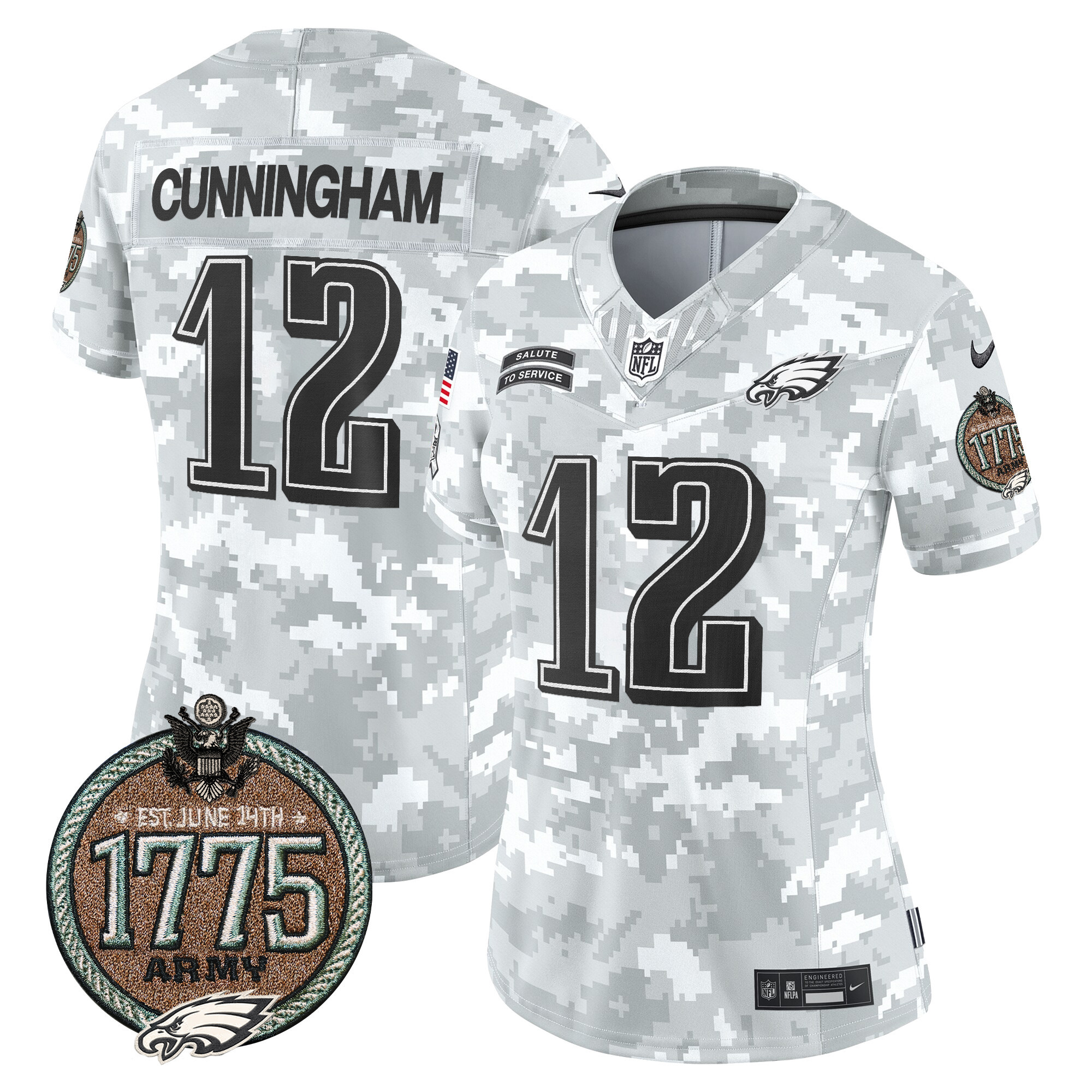 Randall Cunningham Women's Philadelphia Eagles 2024 Salute to Service Establishment Year Patch Vapor Limited Army Jersey - All Stitched