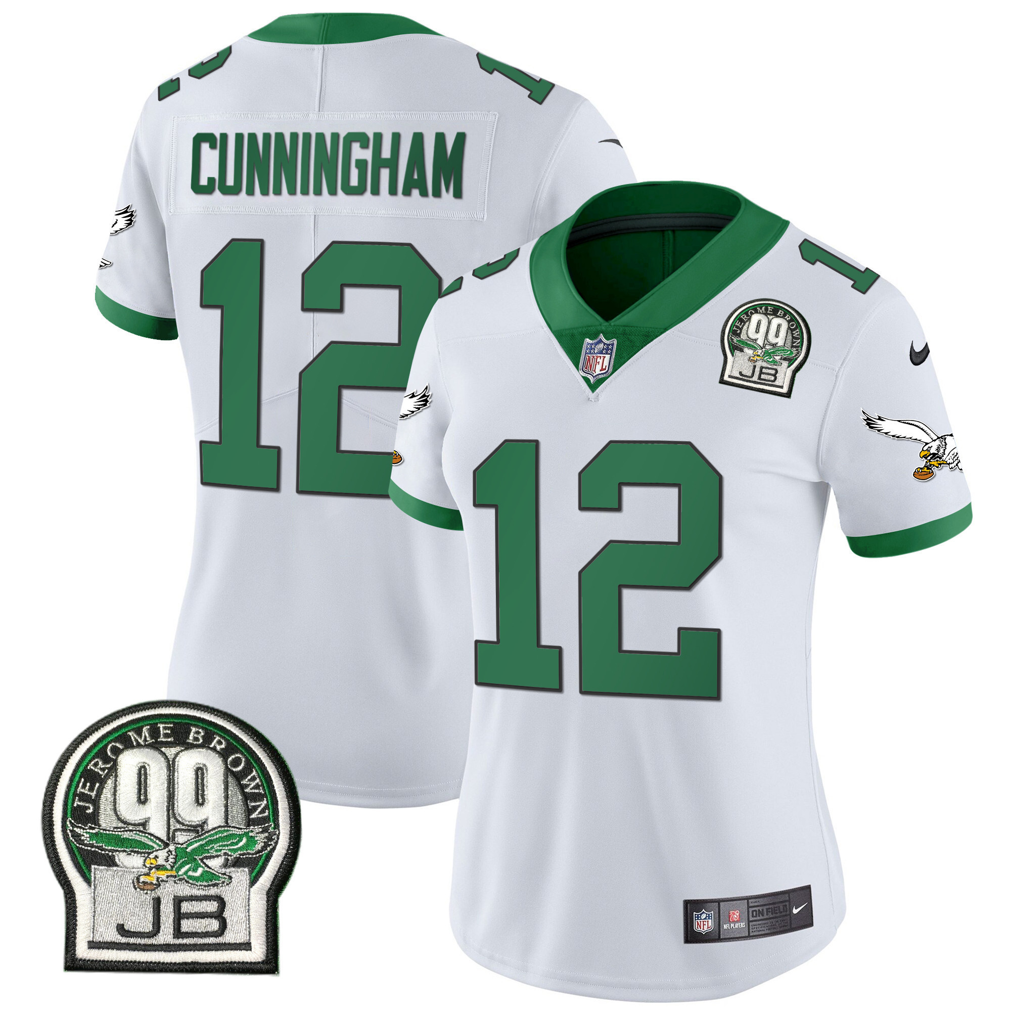 Randall Cunningham Women's Philadelphia Eagles Jerome Brown Retired Patch Gold & Kelly Kelly White Jersey - All Stitched