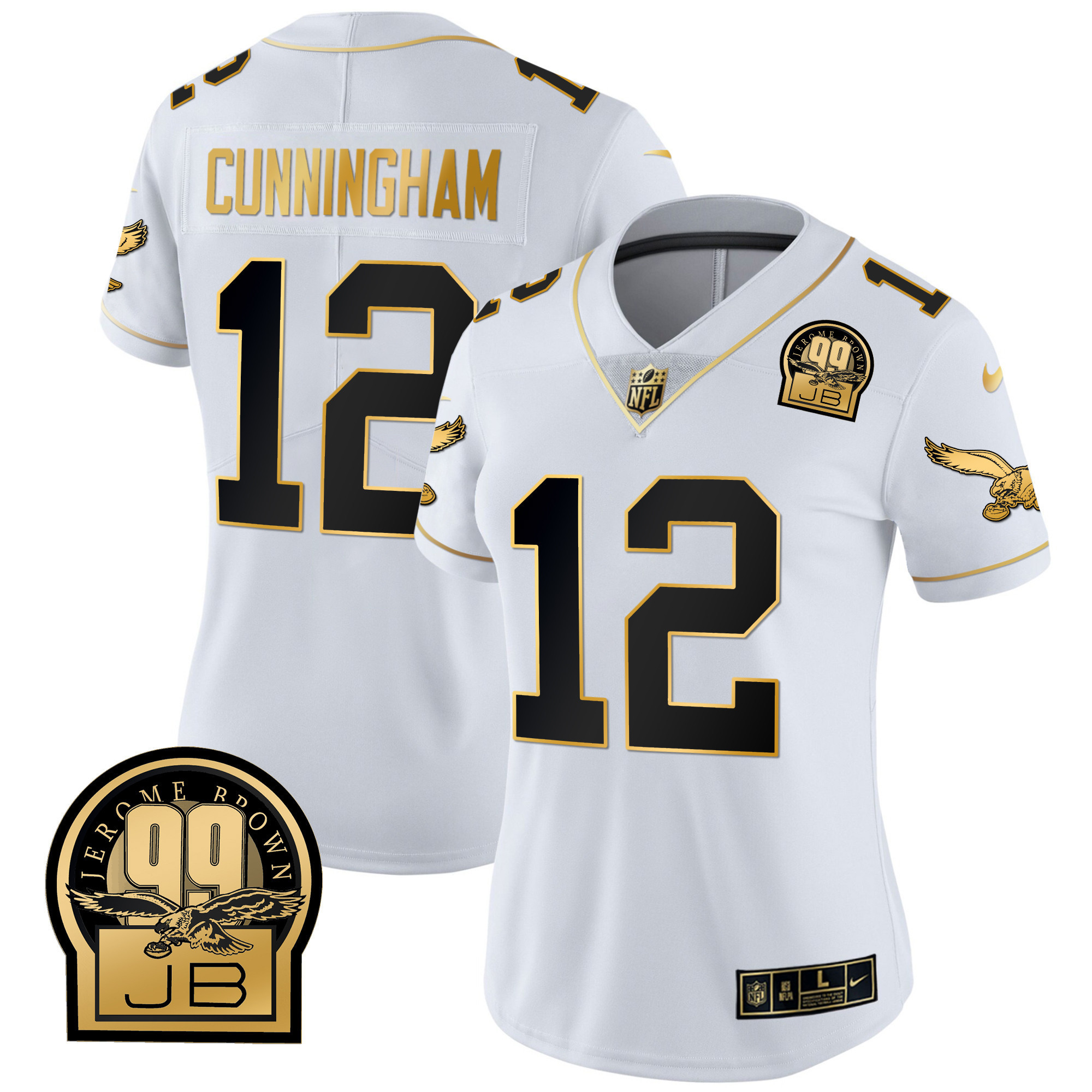 Randall Cunningham Women's Philadelphia Eagles Jerome Brown Retired Patch Gold & Kelly White Gold Jersey - All Stitched