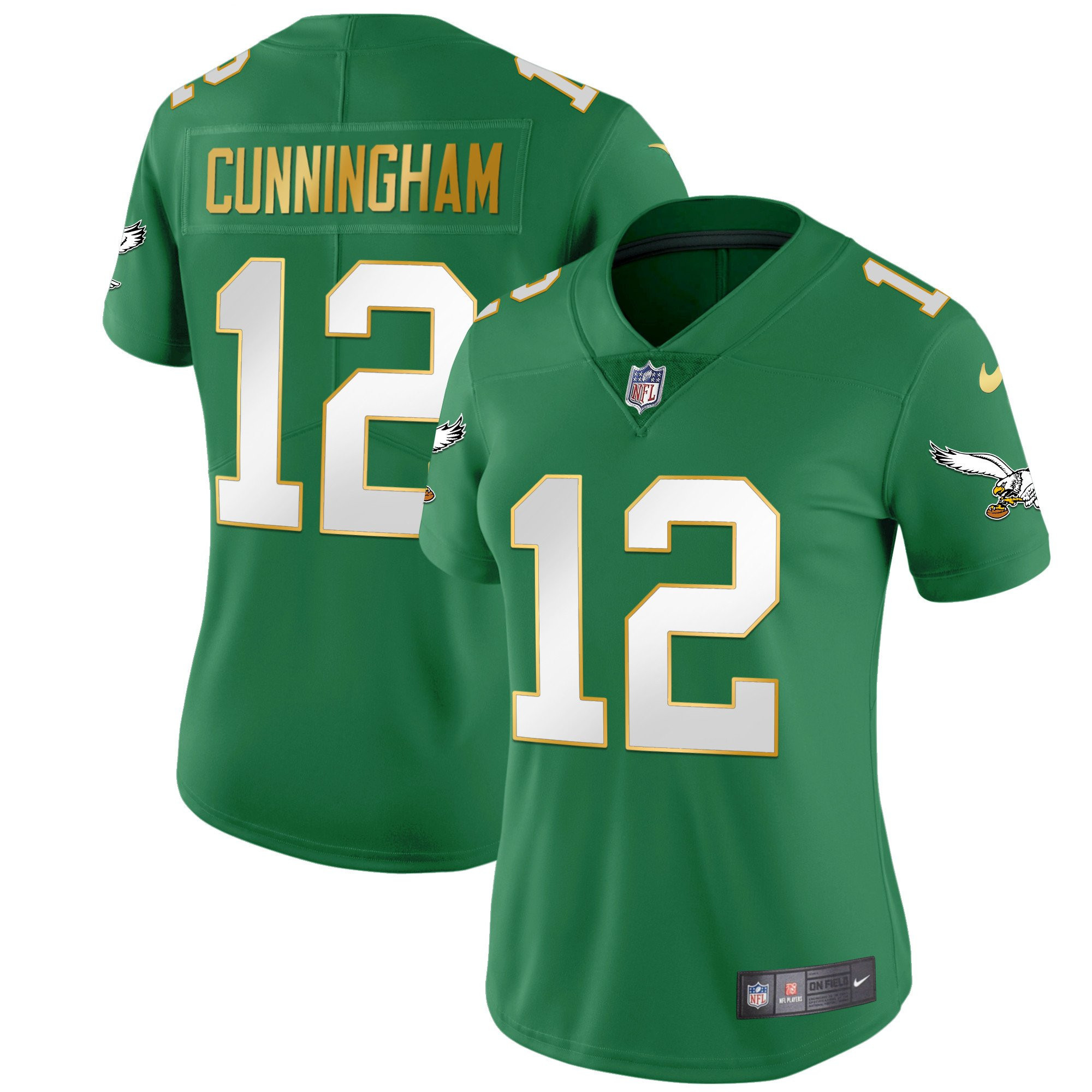 Randall Cunningham Women's Philadelphia Eagles Kelly Green Gold Gold Trim Jersey - All Stitched