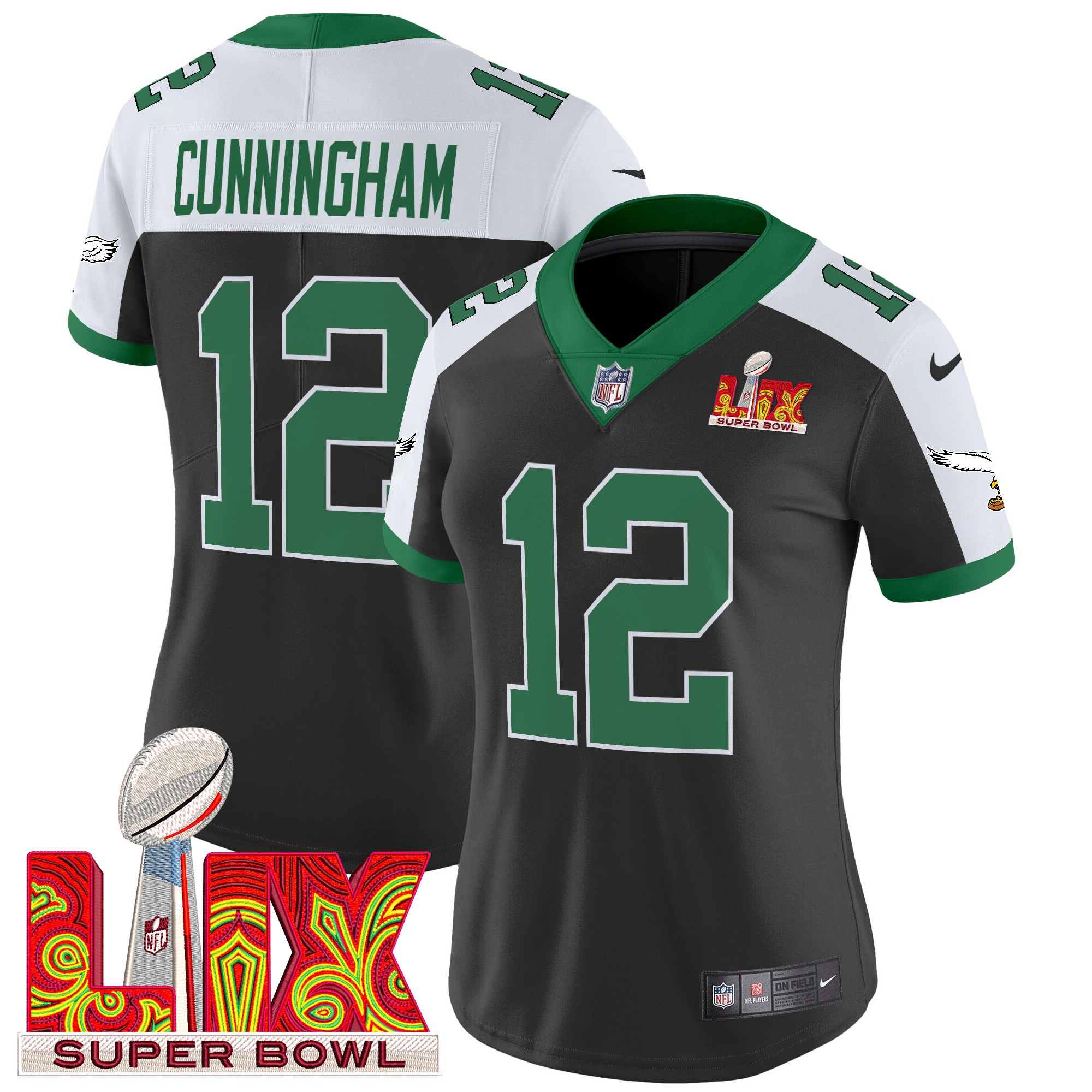 Randall Cunningham Women's Philadelphia Eagles Kelly Green Super Bowl LIX Patch Vapor Limited Black Alternate Jersey - All Stitched
