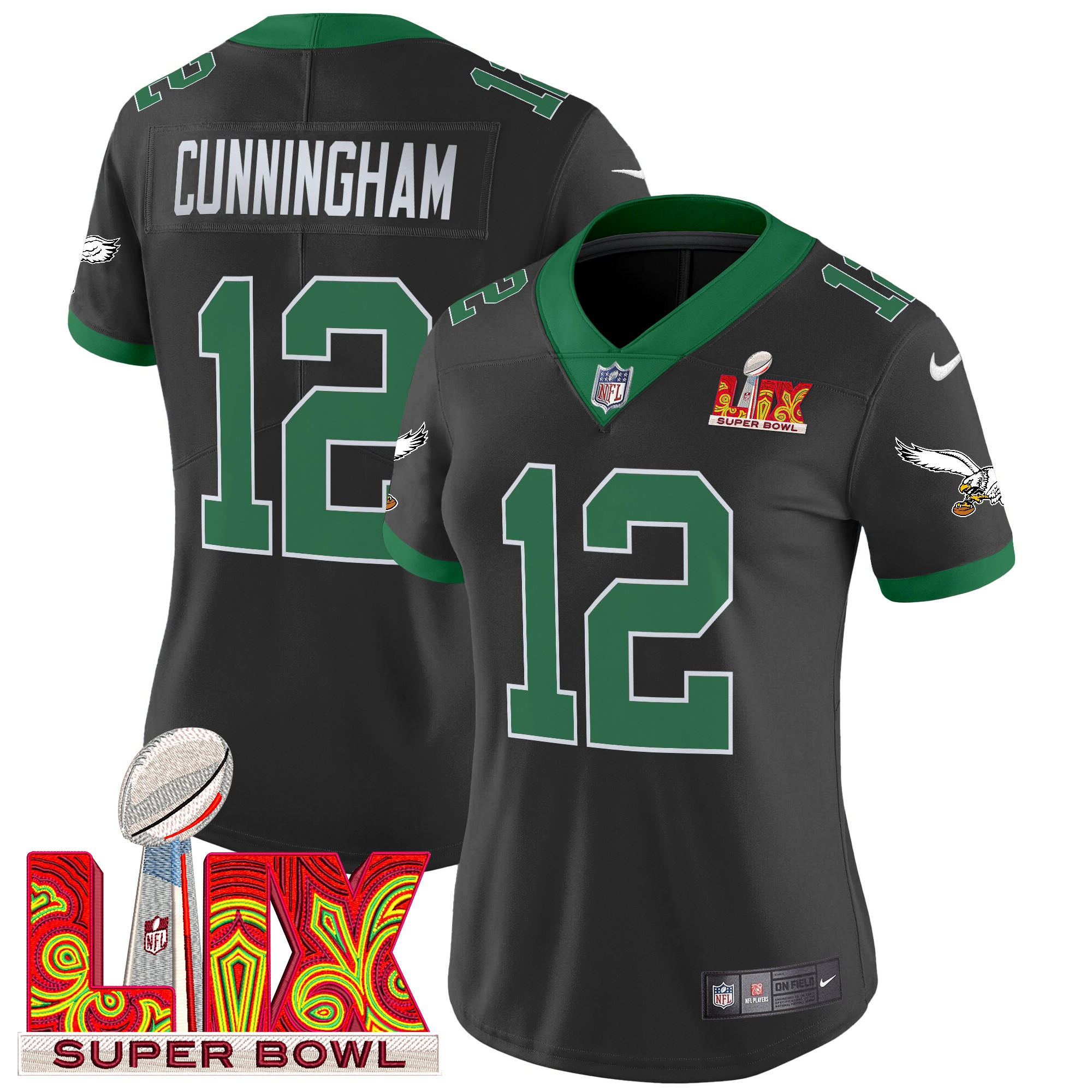 Randall Cunningham Women's Philadelphia Eagles Kelly Green Super Bowl LIX Patch Vapor Limited Black Jersey - All Stitched