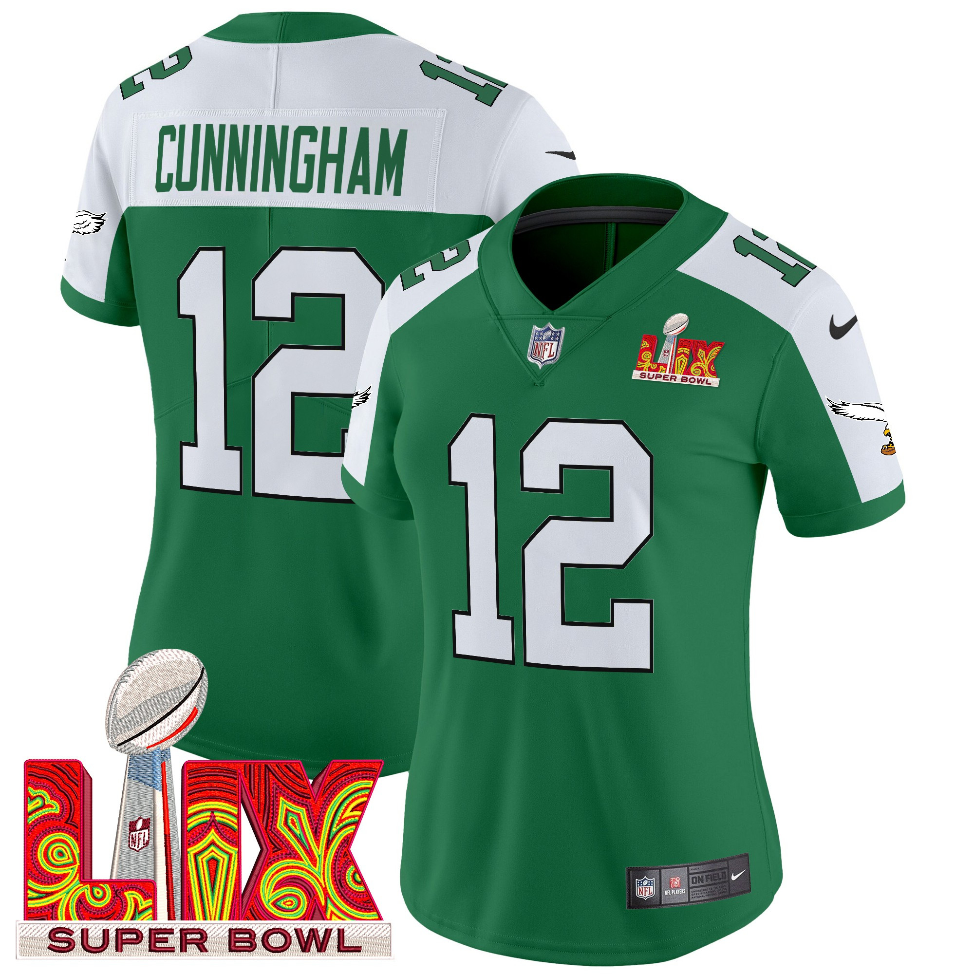 Randall Cunningham Women's Philadelphia Eagles Kelly Green Super Bowl LIX Patch Vapor Limited Kelly Alternate Jersey - All Stitched
