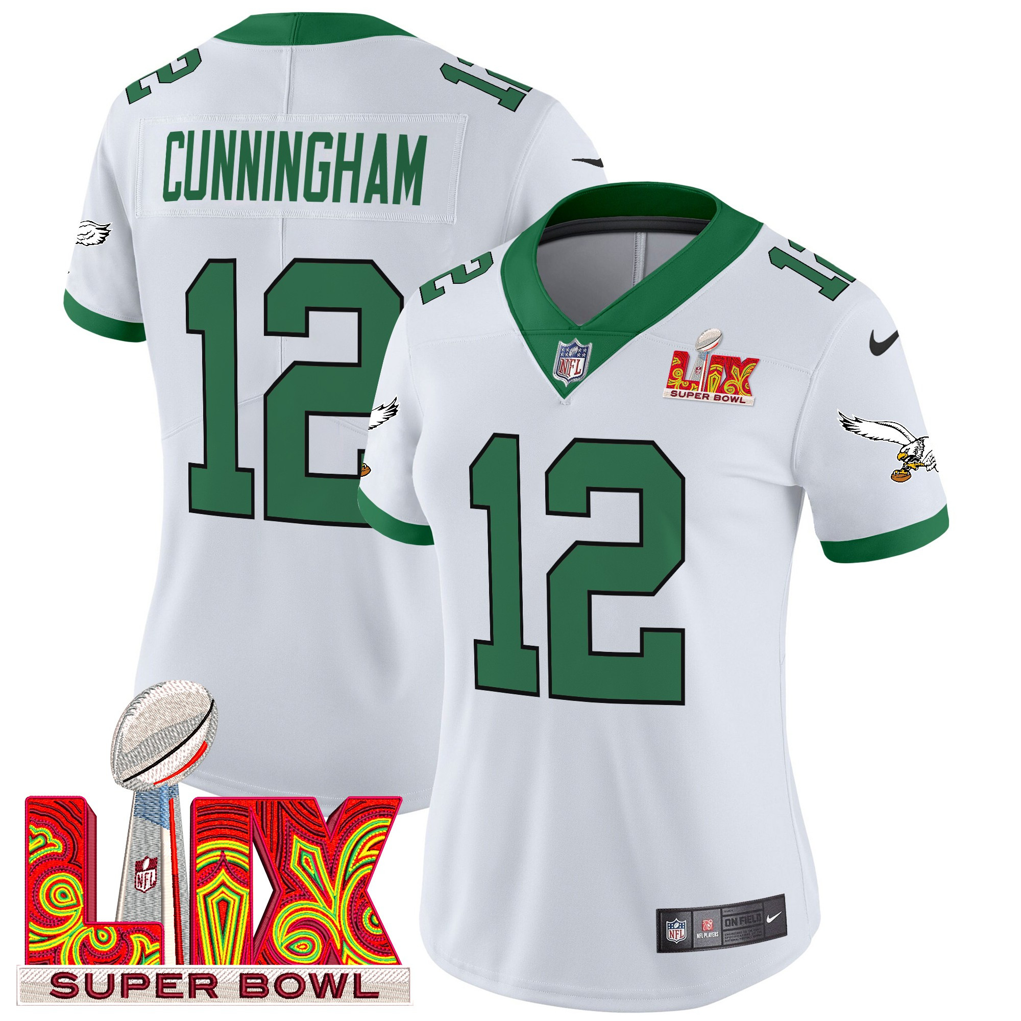 Randall Cunningham Women's Philadelphia Eagles Kelly Green Super Bowl LIX Patch Vapor Limited Kelly White Jersey - All Stitched