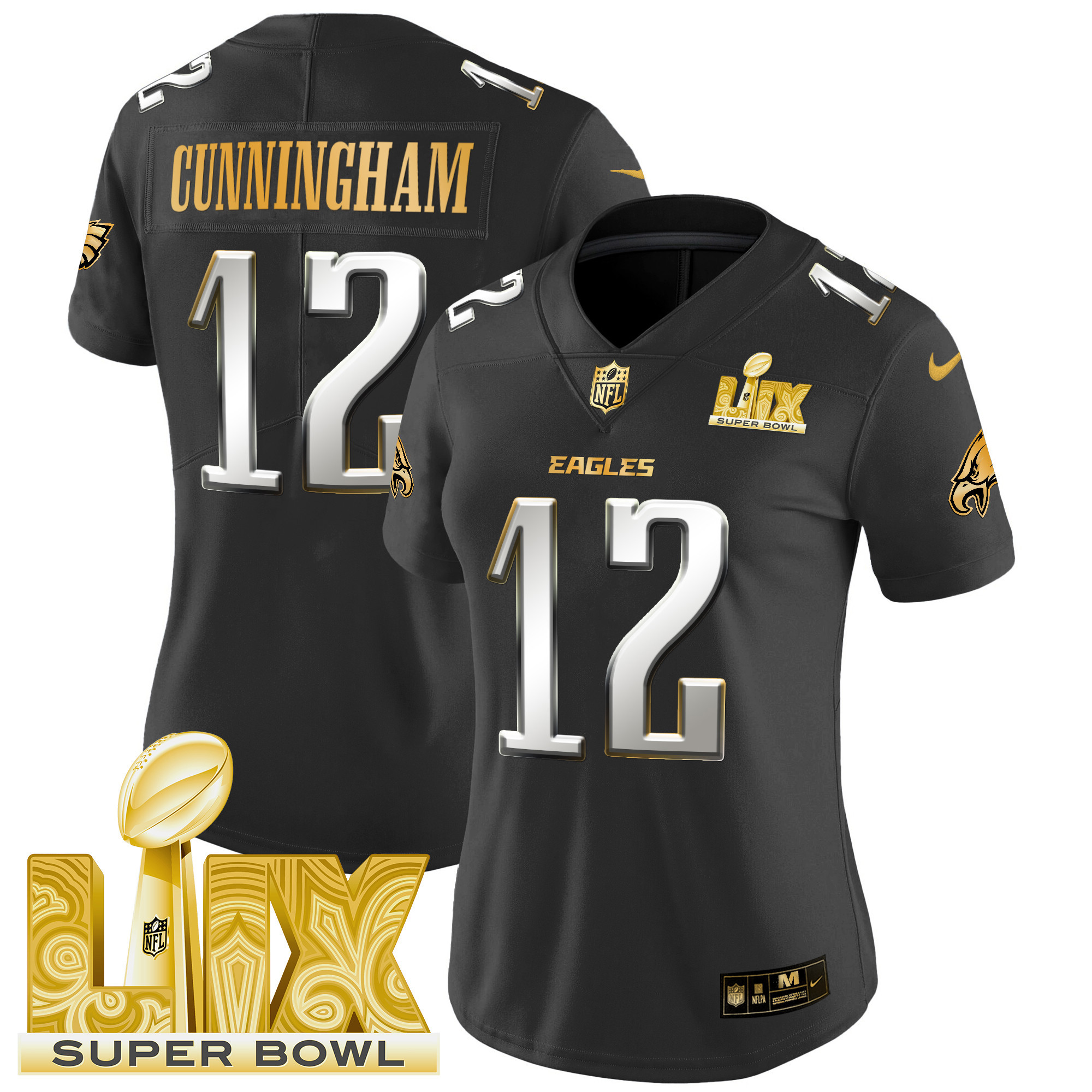 Randall Cunningham Women's Philadelphia Eagles Super Bowl LIX Patch Gold Vapor Limited Black Limited Jersey - All Stitched