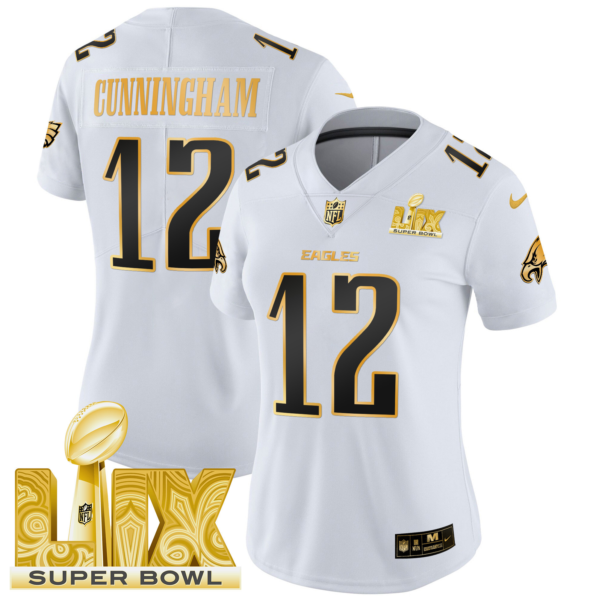Randall Cunningham Women's Philadelphia Eagles Super Bowl LIX Patch Gold Vapor Limited White Gold Jersey - All Stitched