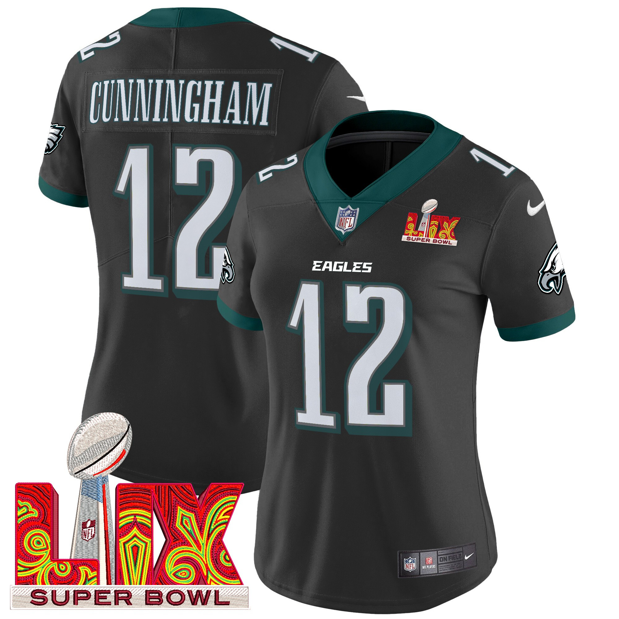 Randall Cunningham Women's Philadelphia Eagles Super Bowl LIX Patch Vapor Limited Black Jersey - All Stitched