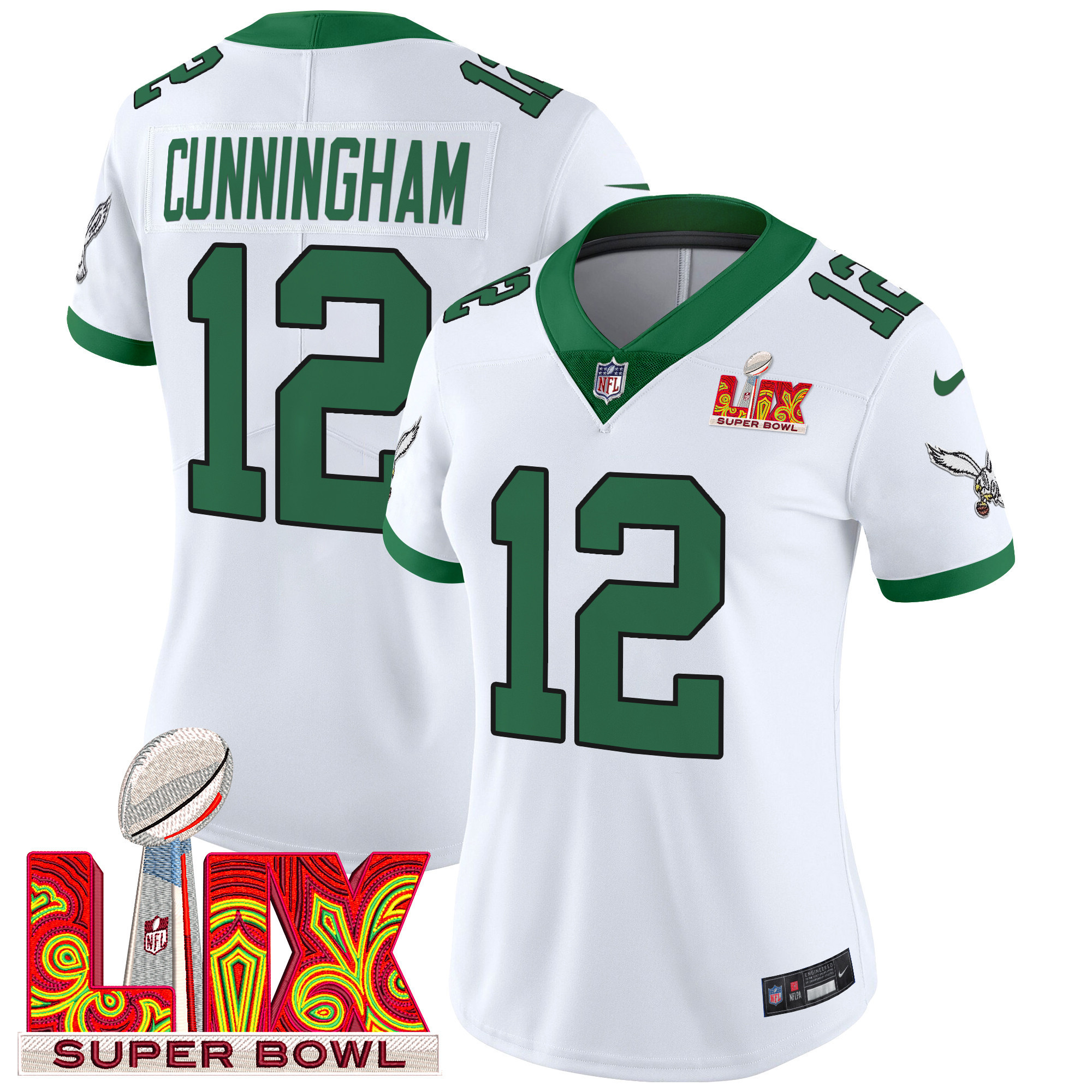 Randall Cunningham Women's Philadelphia Eagles Super Bowl LIX Patch Vapor Limited Kelly White Jersey - All Stitched
