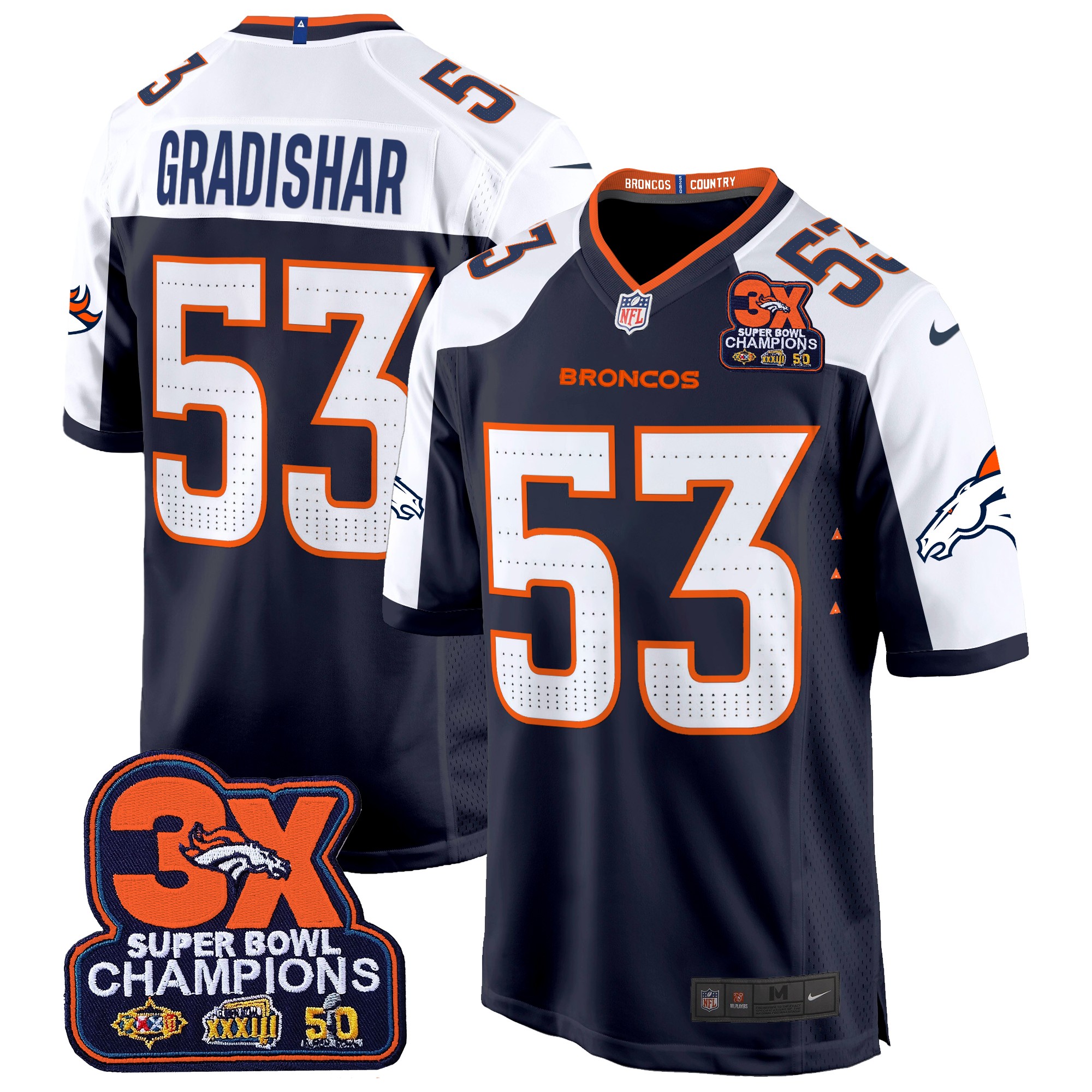 Randy Gradishar Men's Denver Broncos 3-Time Champions Patch Game Jersey - Al Stitched Navy Alternate Jersey - All Stitched