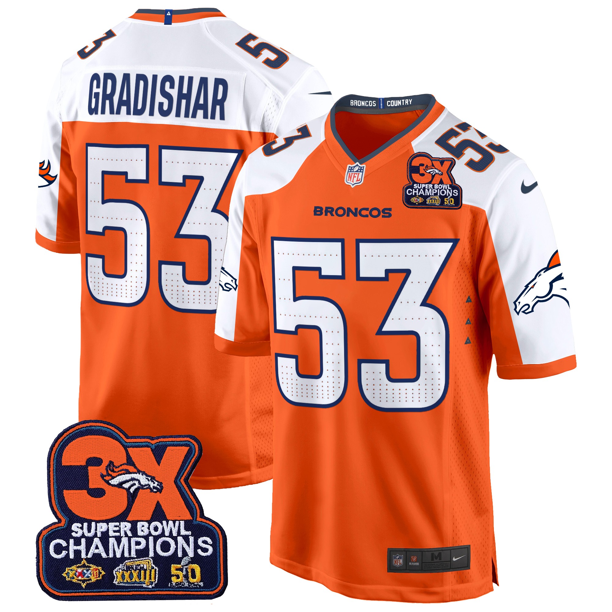 Randy Gradishar Men's Denver Broncos 3-Time Champions Patch Game Jersey - Al Stitched Orange Alternate Jersey - All Stitched