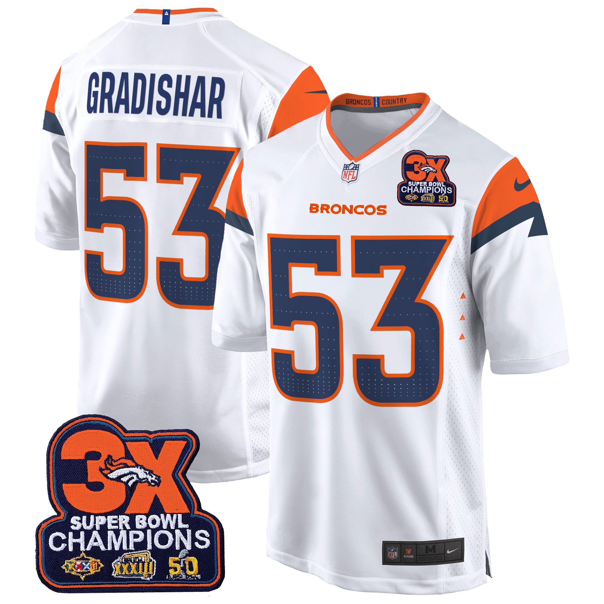 Randy Gradishar Men's Denver Broncos 3-Time Champions Patch Game Jersey - Al Stitched White Jersey - All Stitched