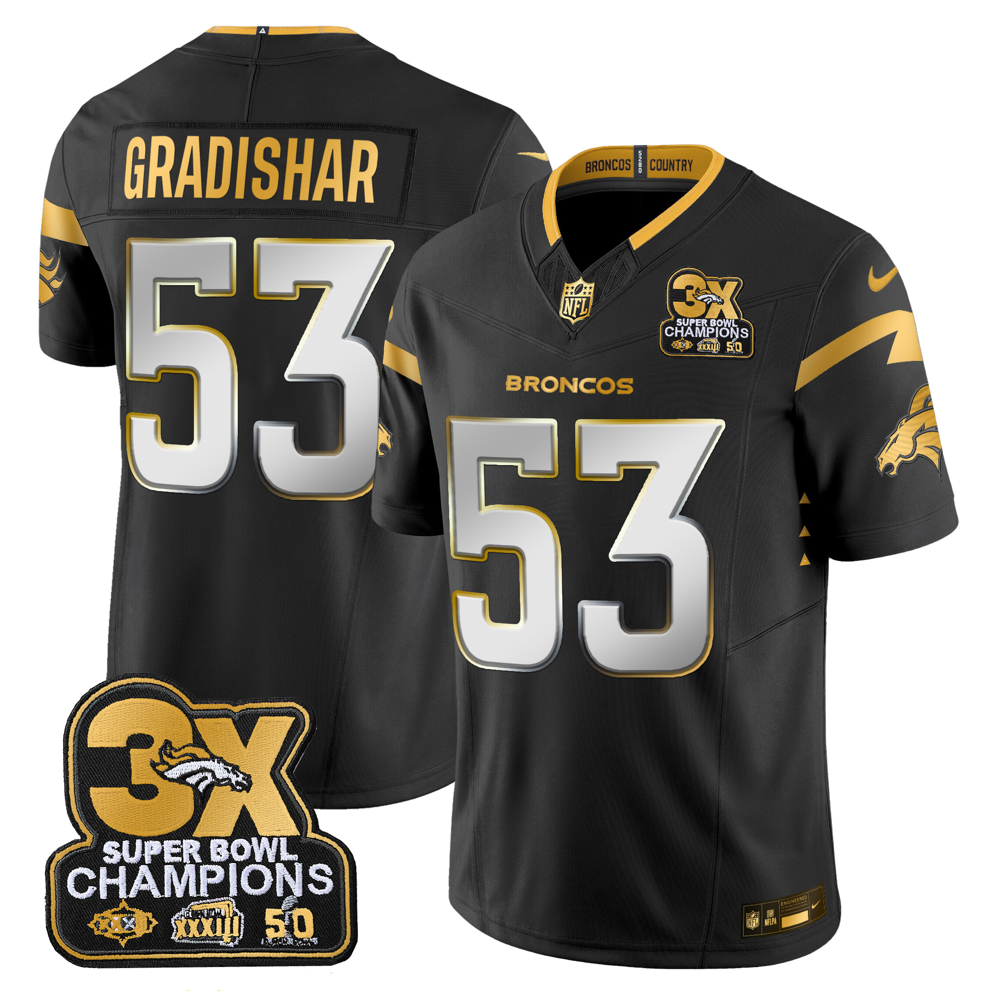 Randy Gradishar Men's Denver Broncos 3-Time Champions Patch Gold Vapor Limited Black Limited Jersey - All Stitched