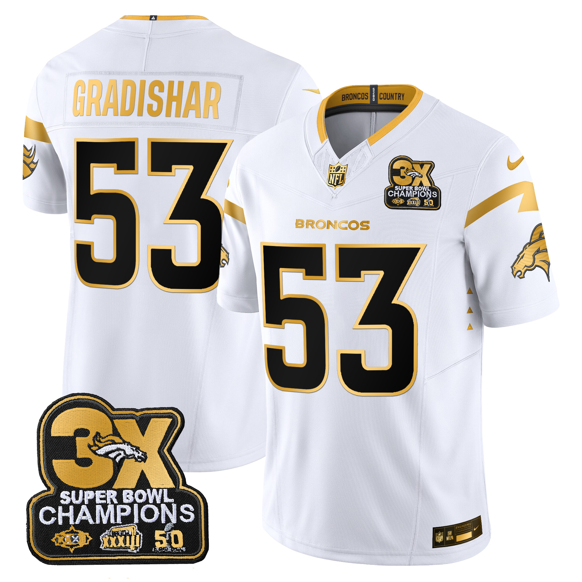 Randy Gradishar Men's Denver Broncos 3-Time Champions Patch Gold Vapor Limited White Gold Jersey - All Stitched