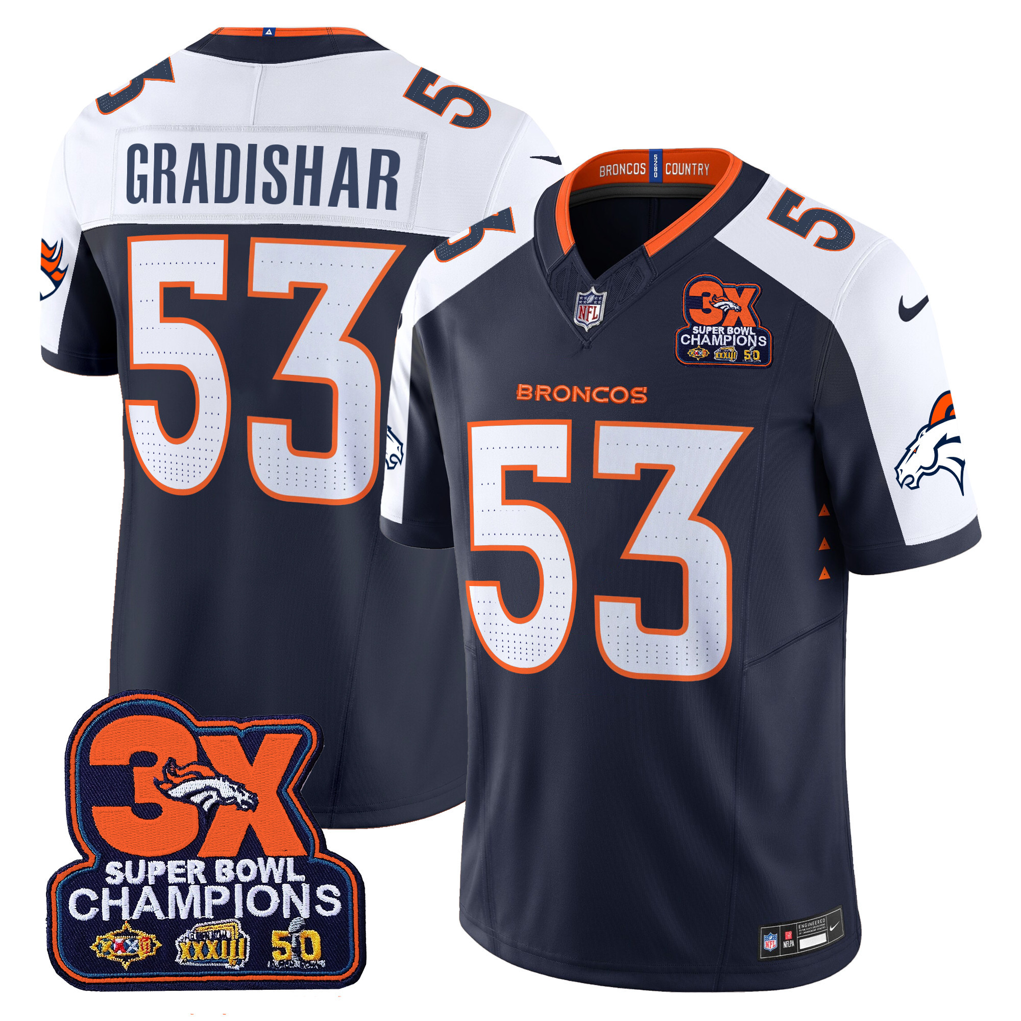 Randy Gradishar Men's Denver Broncos 3-Time Champions Patch Vapor Limited Navy Alternate Jersey - All Stitched