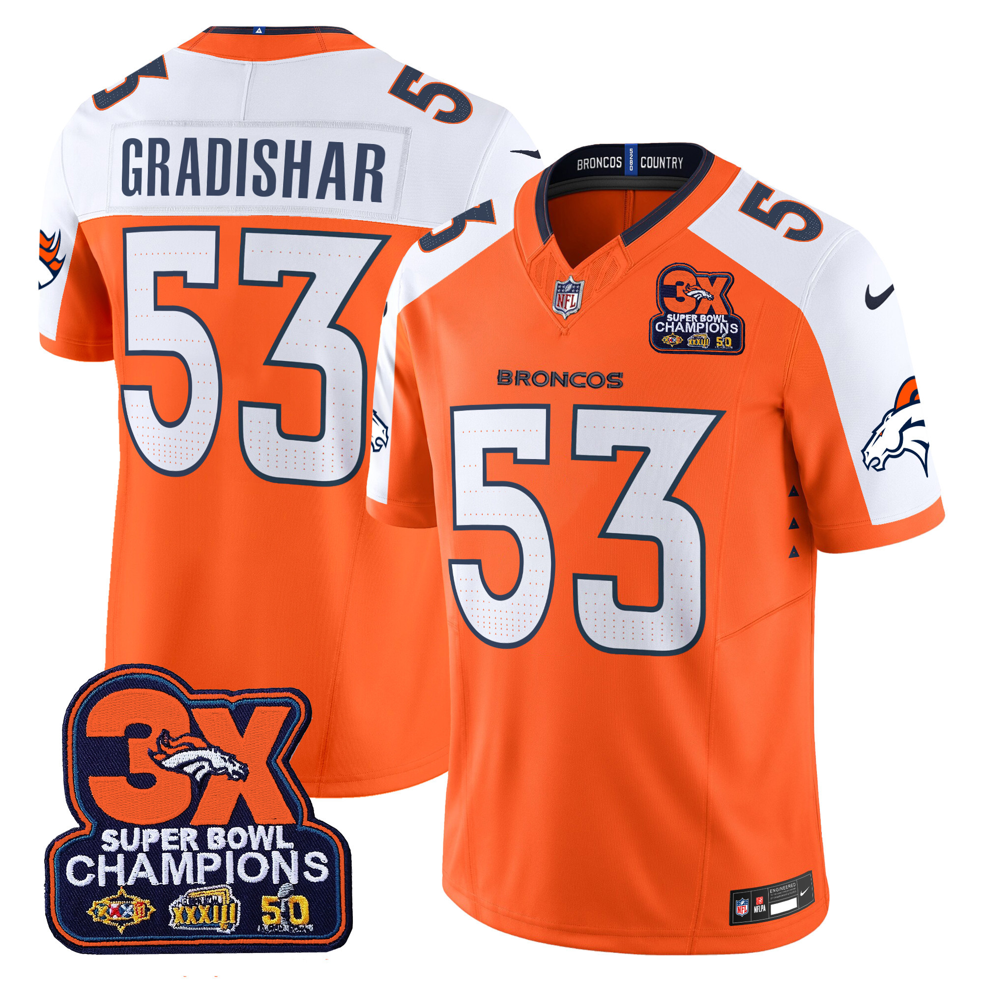 Randy Gradishar Men's Denver Broncos 3-Time Champions Patch Vapor Limited Orange Alternate Jersey - All Stitched