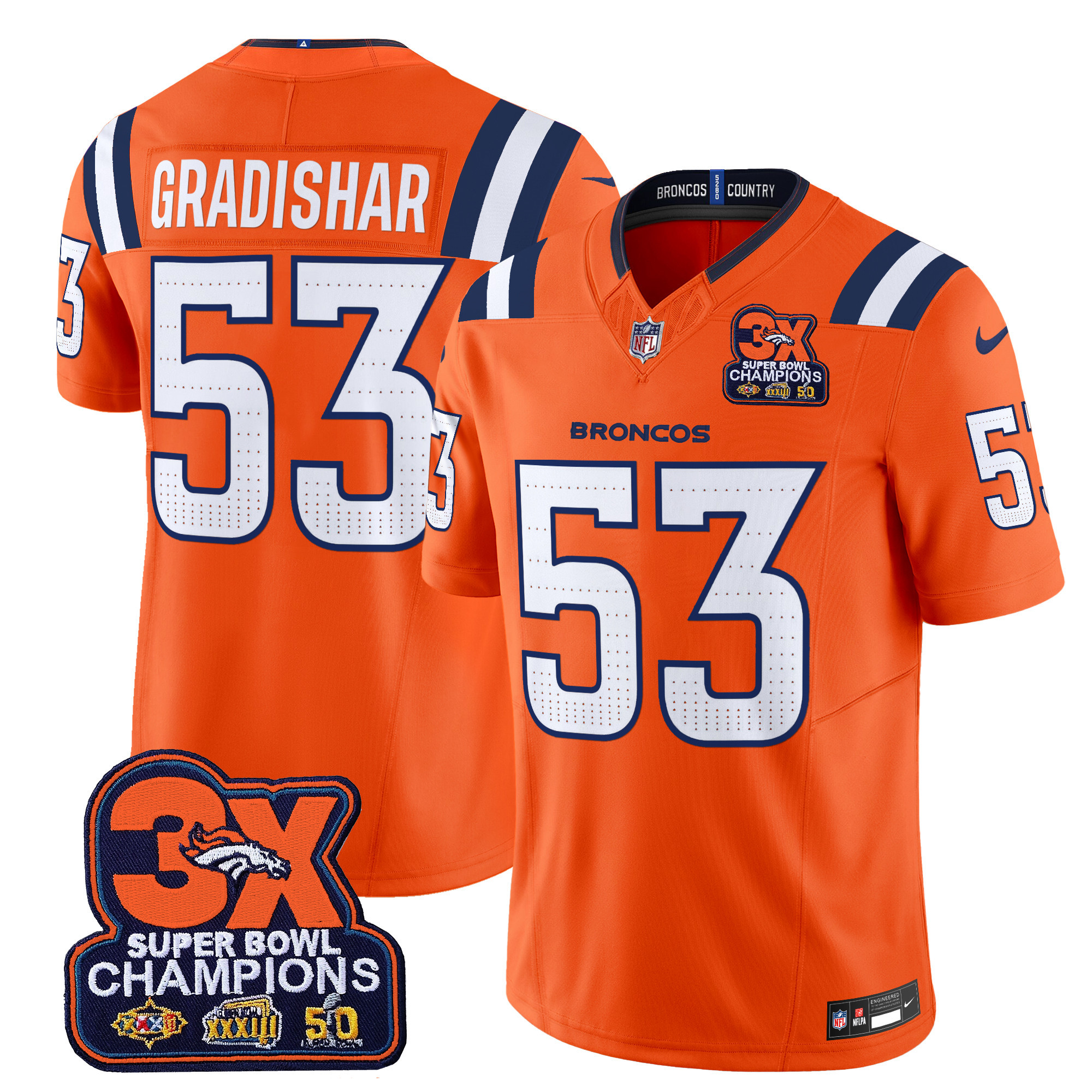 Randy Gradishar Men's Denver Broncos 3-Time Champions Patch Vapor Limited Orange Jersey - All Stitched