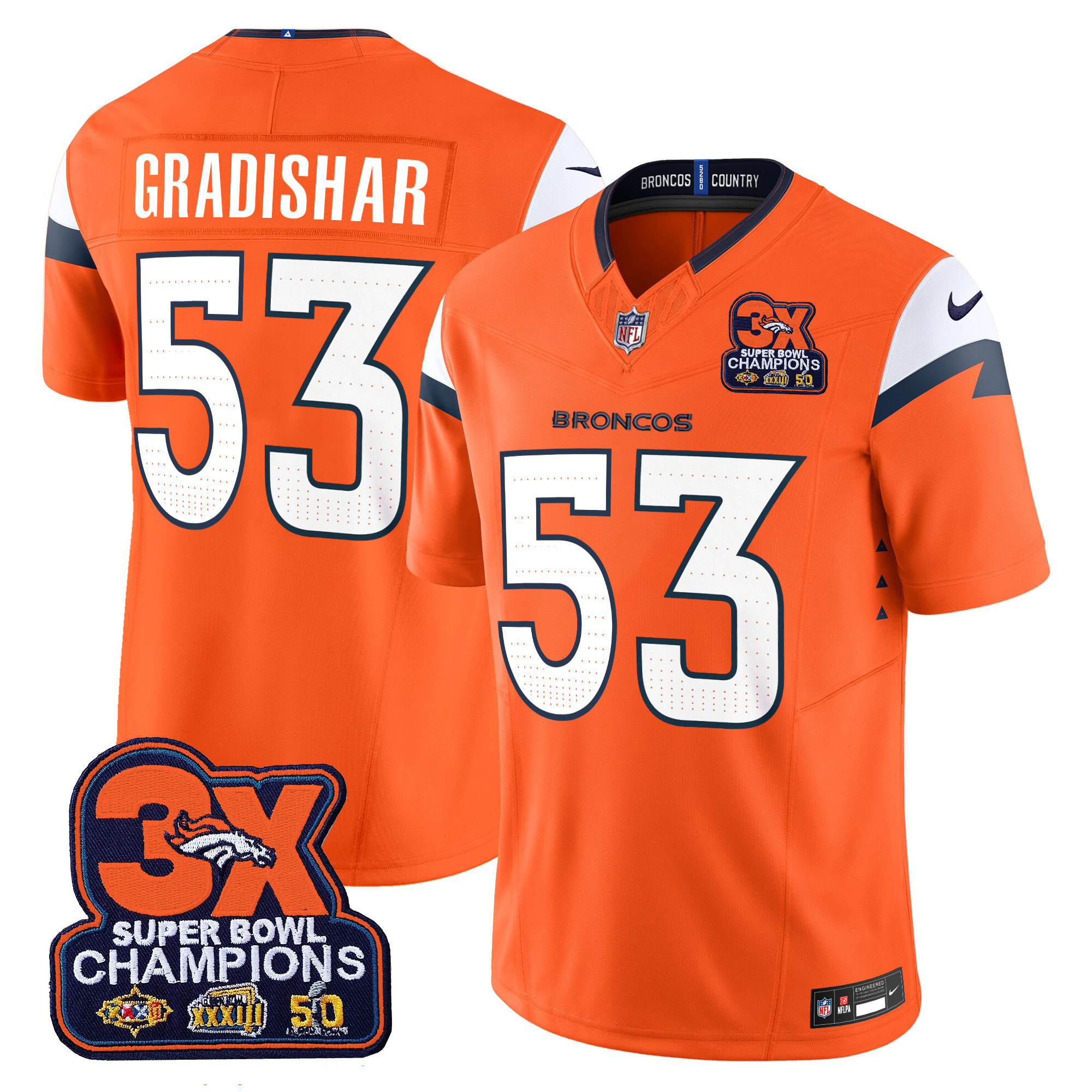 Randy Gradishar Men's Denver Broncos 3-Time Champions Patch Vapor Limited Orange Jersey - All Stitched