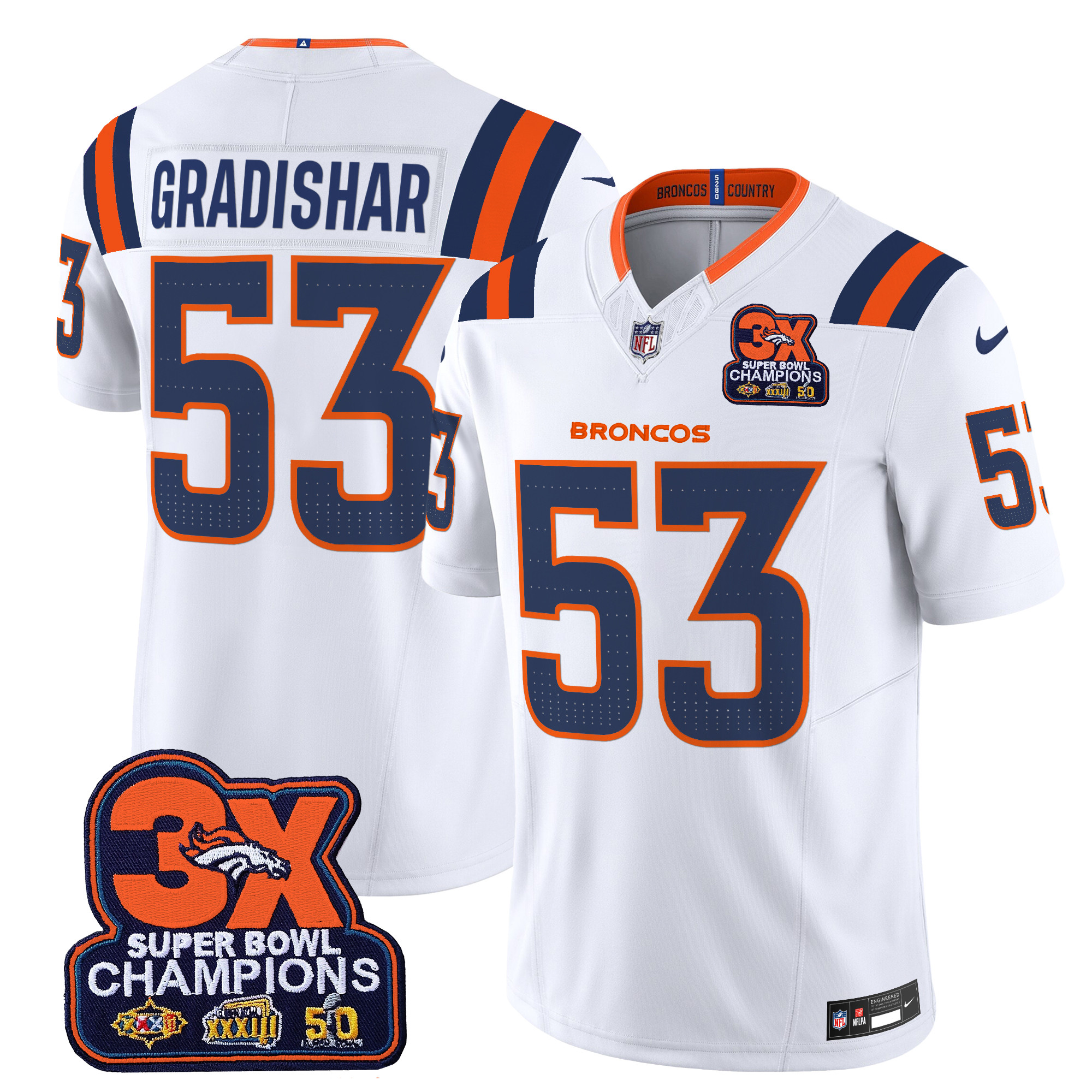 Randy Gradishar Men's Denver Broncos 3-Time Champions Patch Vapor Limited White Jersey - All Stitched