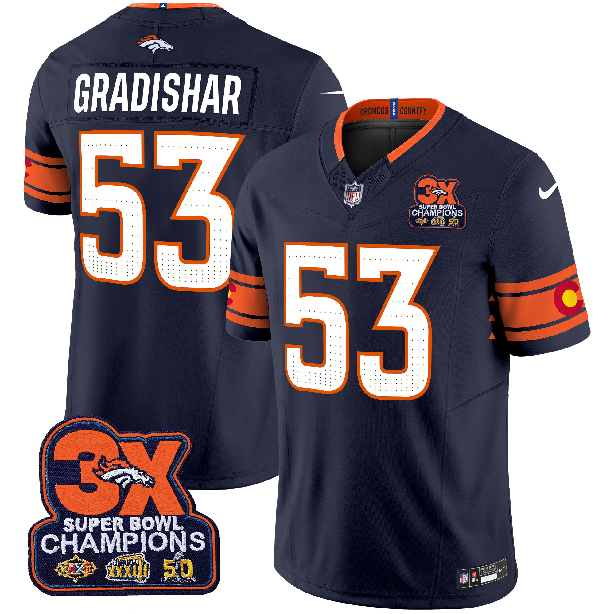 Randy Gradishar Men's Denver Broncos 3x Patch "Colorado Flag" Vapor Limited Navy Jersey - All Stitched