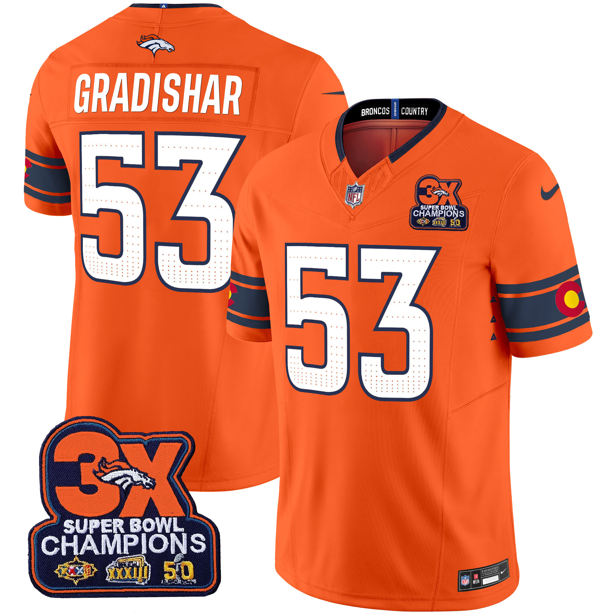Randy Gradishar Men's Denver Broncos 3x Patch "Colorado Flag" Vapor Limited Orange Jersey - All Stitched