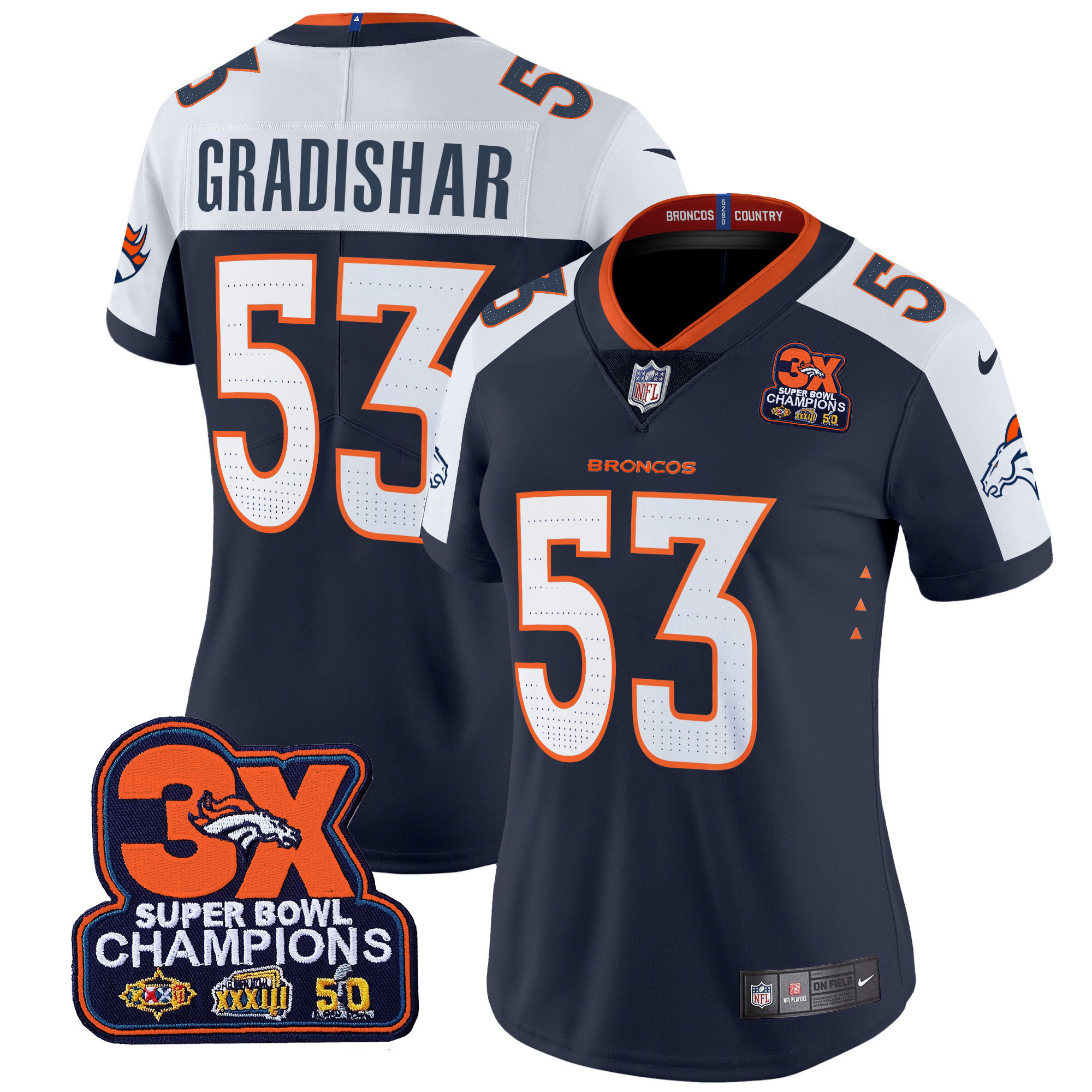 Randy Gradishar Women's Denver Broncos 3-Time Champions Patch Vapor Limited Navy Alternate Jersey - All Stitched
