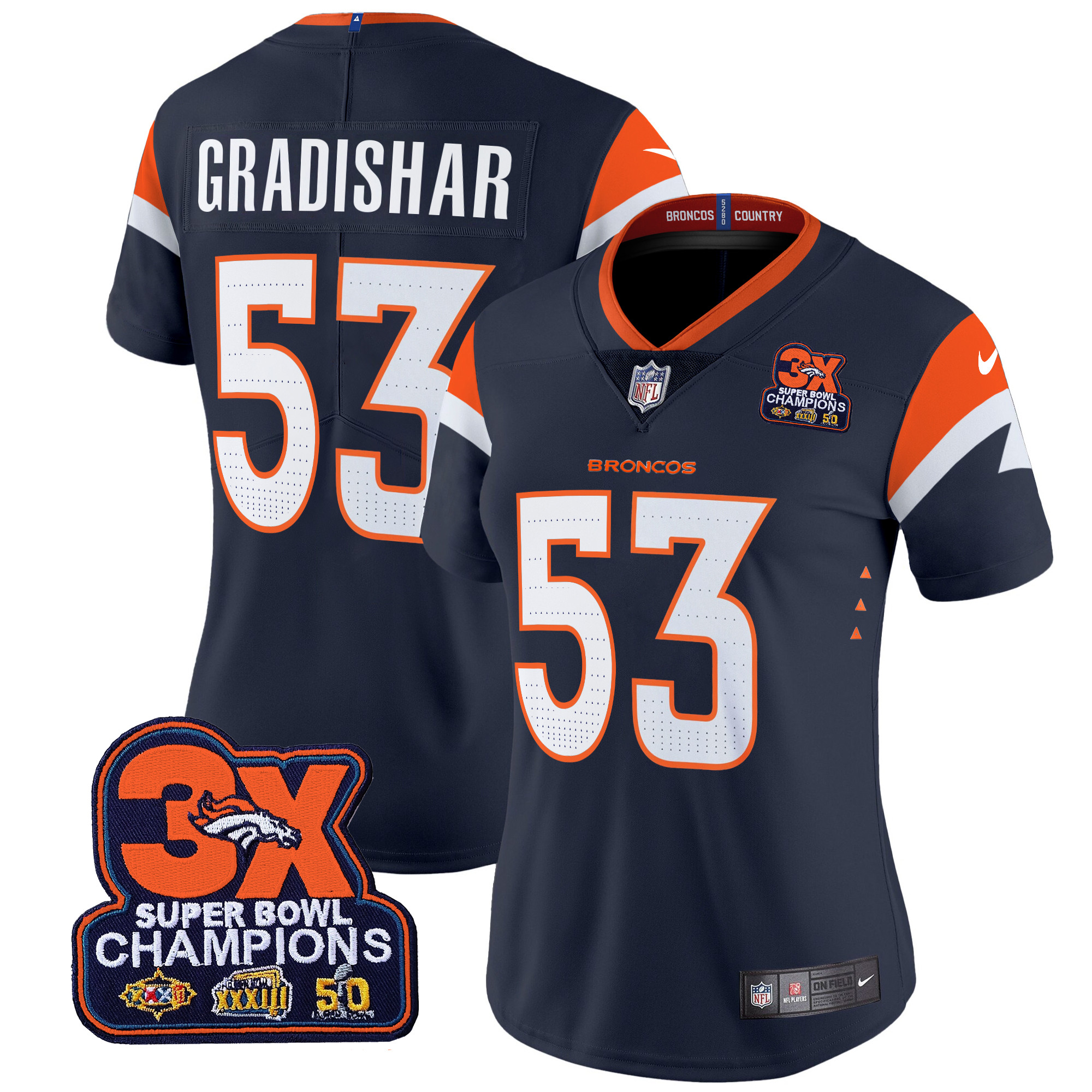 Randy Gradishar Women's Denver Broncos 3-Time Champions Patch Vapor Limited Navy Jersey - All Stitched