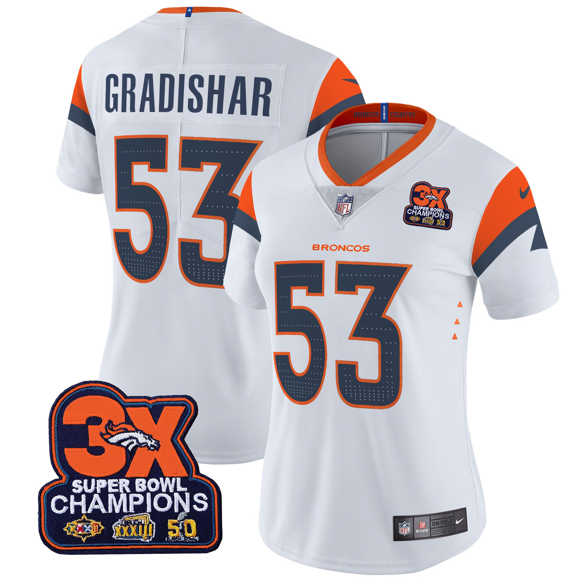 Randy Gradishar Women's Denver Broncos 3-Time Champions Patch Vapor Limited White Jersey - All Stitched