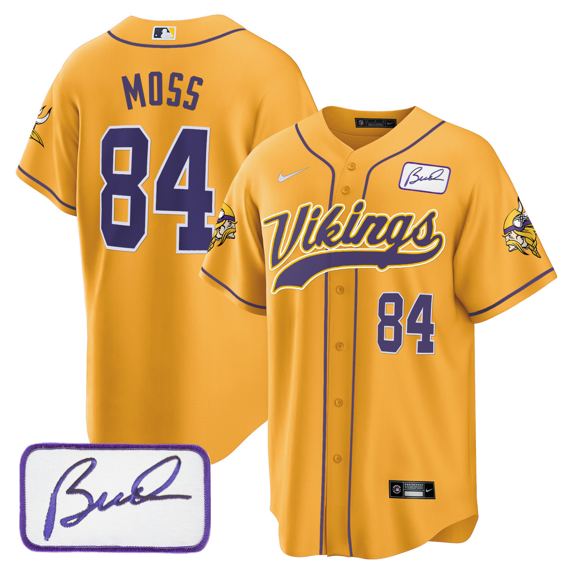 Randy Moss Men's Minnesota Vikings Bud Grant Patch Classic Baseball Gold Jersey - All Stitched
