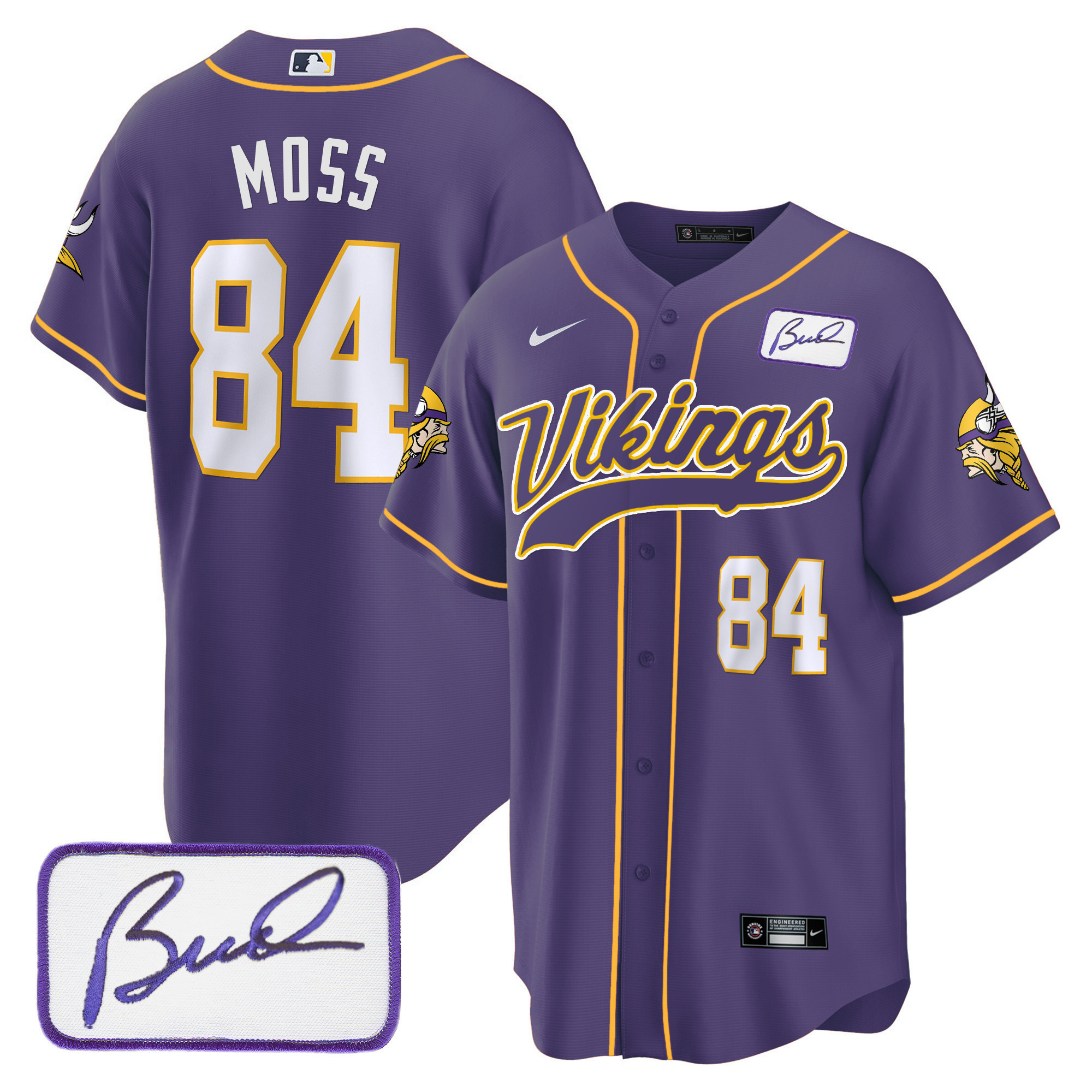 Randy Moss Men's Minnesota Vikings Bud Grant Patch Classic Baseball Purple Jersey - All Stitched