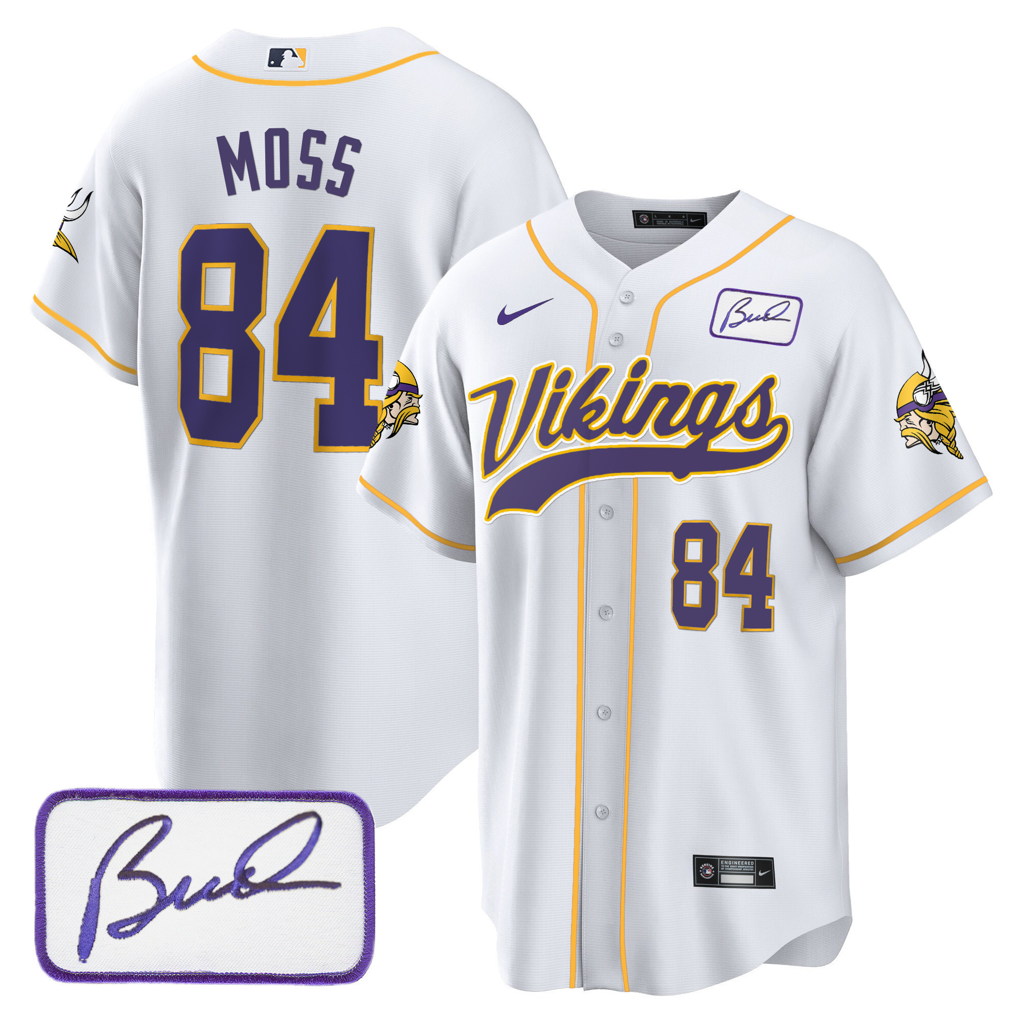 Randy Moss Men's Minnesota Vikings Bud Grant Patch Classic Baseball White Jersey - All Stitched